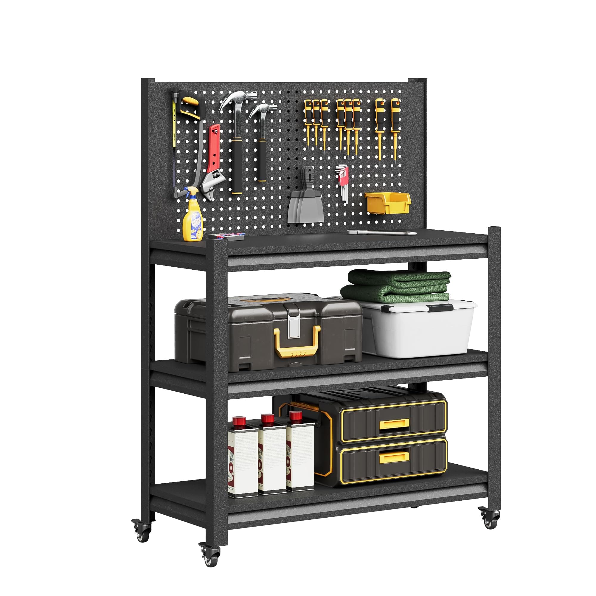 Workbench with Pegboard, Adjustable Heavy Duty Work Table with Wheels, Heavy Duty Workstation, Metal Tool Work Bench for Garage Warehouse Workshop, 48" H x 18" D x 34" W(with Pegboard)