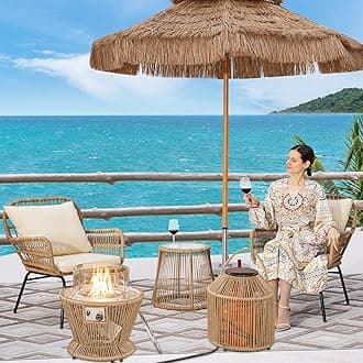 BULEXYARD 5 Piece Boho Patio Bistro Outdoor Furniture Sets with Round Propane Fire Pit Table, Wicker Porch Sofa Chairs Sectional Patio Conversation Set w/Glass Top Coffee Table (Natural)