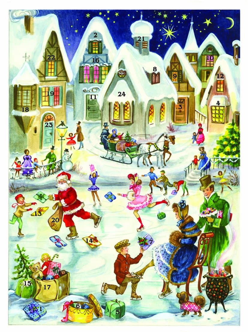Mini Advent Christmas Card with 24 doors 105 x 155 mm blank with envelope Father Christmas Skating - 419 - traditional German Design