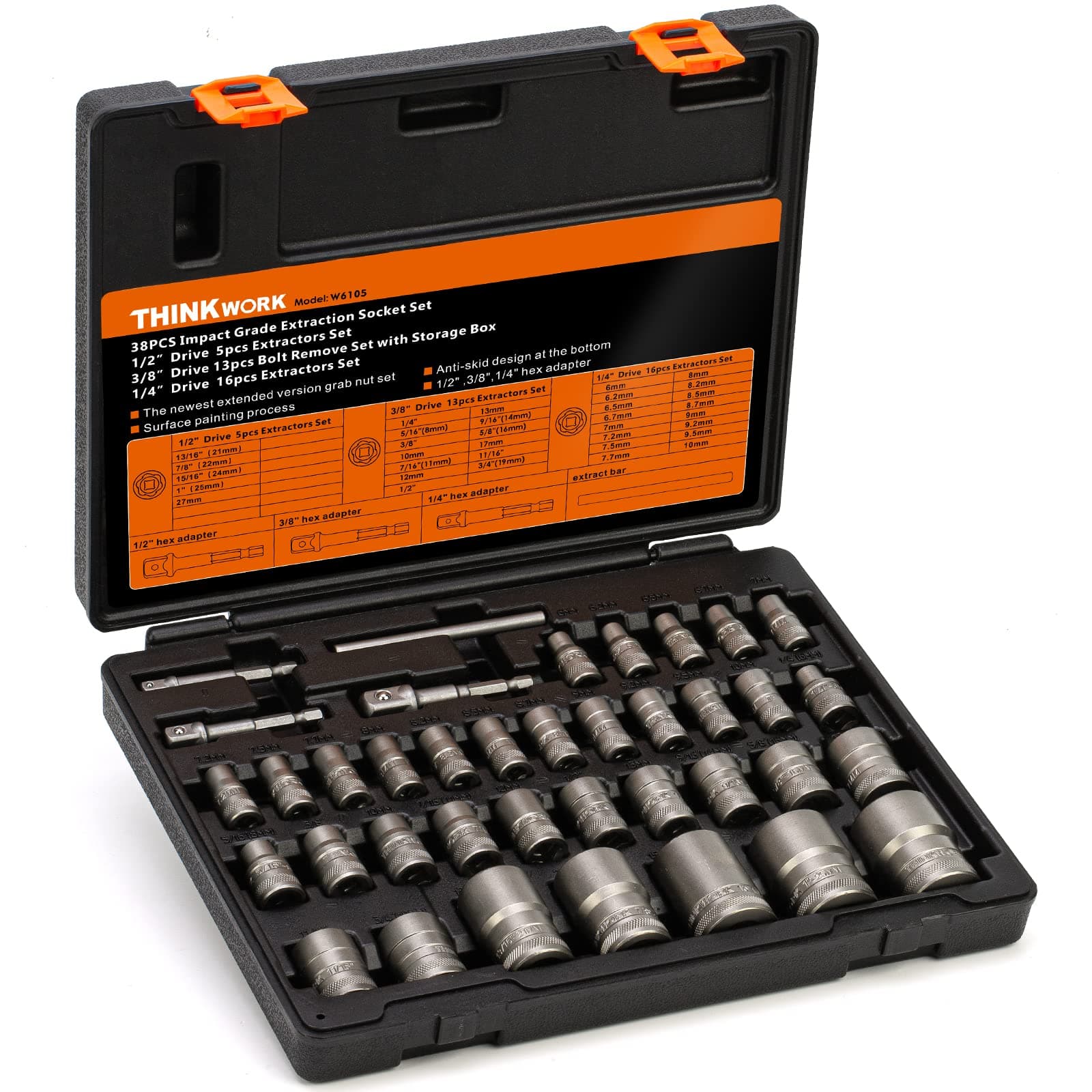 THINKWORK Bolt Extractor Kit, 38-Piece Nut Extractor Socket Set, 1/4" 3/8" 1/2" Drive Rounded Bolt Remover, Lug Nut Removal Tool for Damaged, Rusted, Rounded-Off, Stripped Fasteners