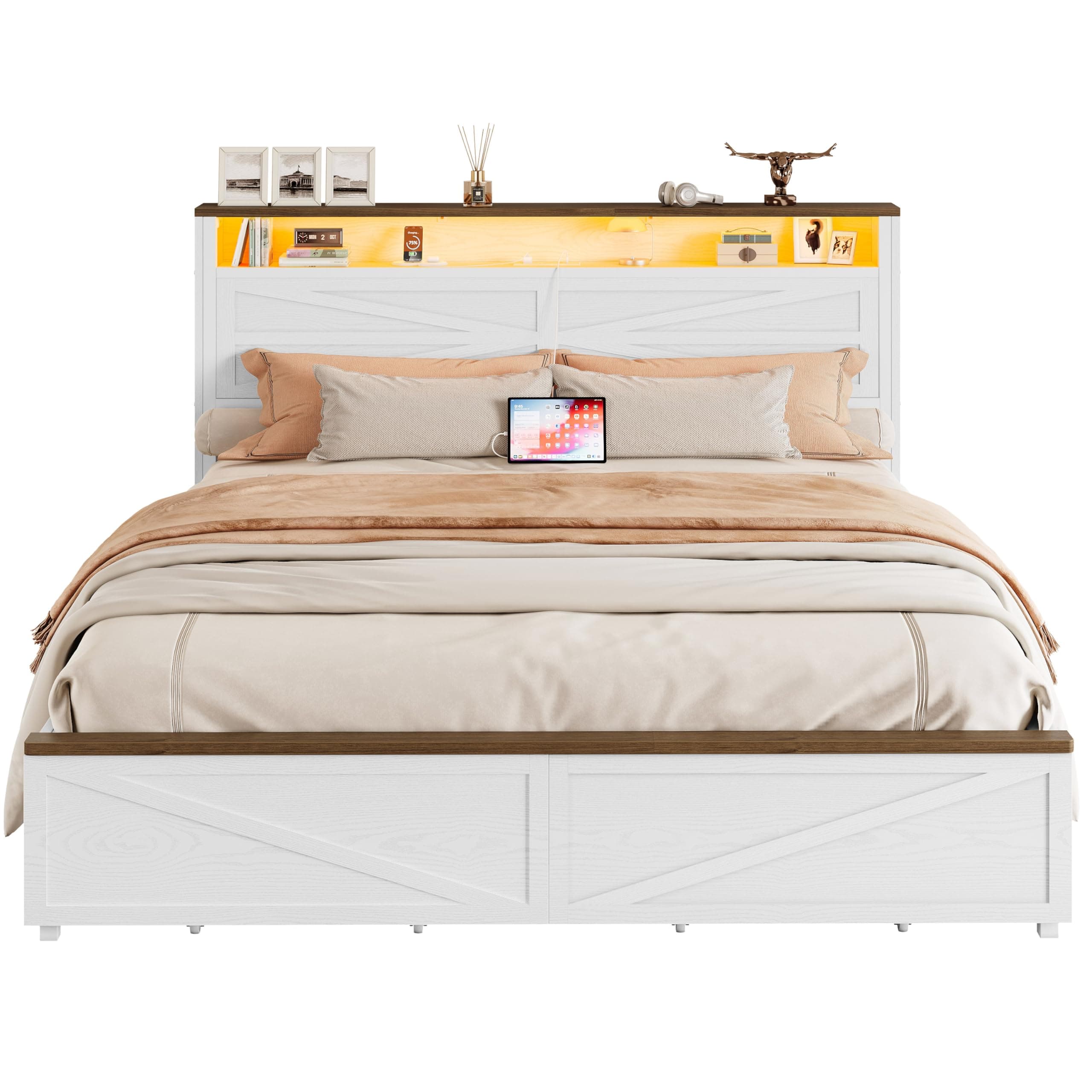 IRONCK Farmhouse Queen Size Bed Frame with LED Light and Charging Station, Wood Bed Frame with Storage Headboard and 2 Drawers， Barn Door Design, Sturdy and Noiseless, White