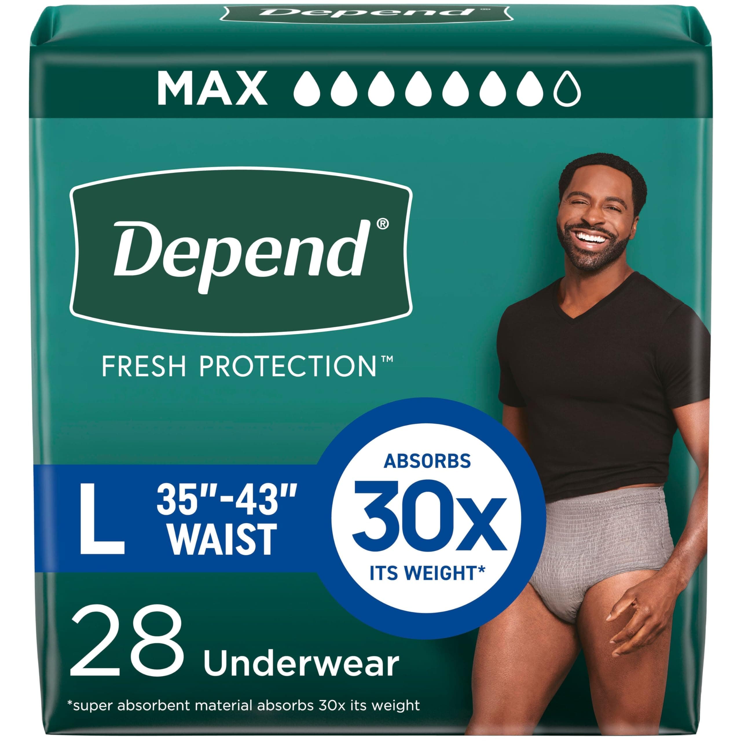 Depend Fit-FLEX Incontinence Underwear for Men Maximum Absorbency L, Grey, 28 Count (Packaging May Vary)