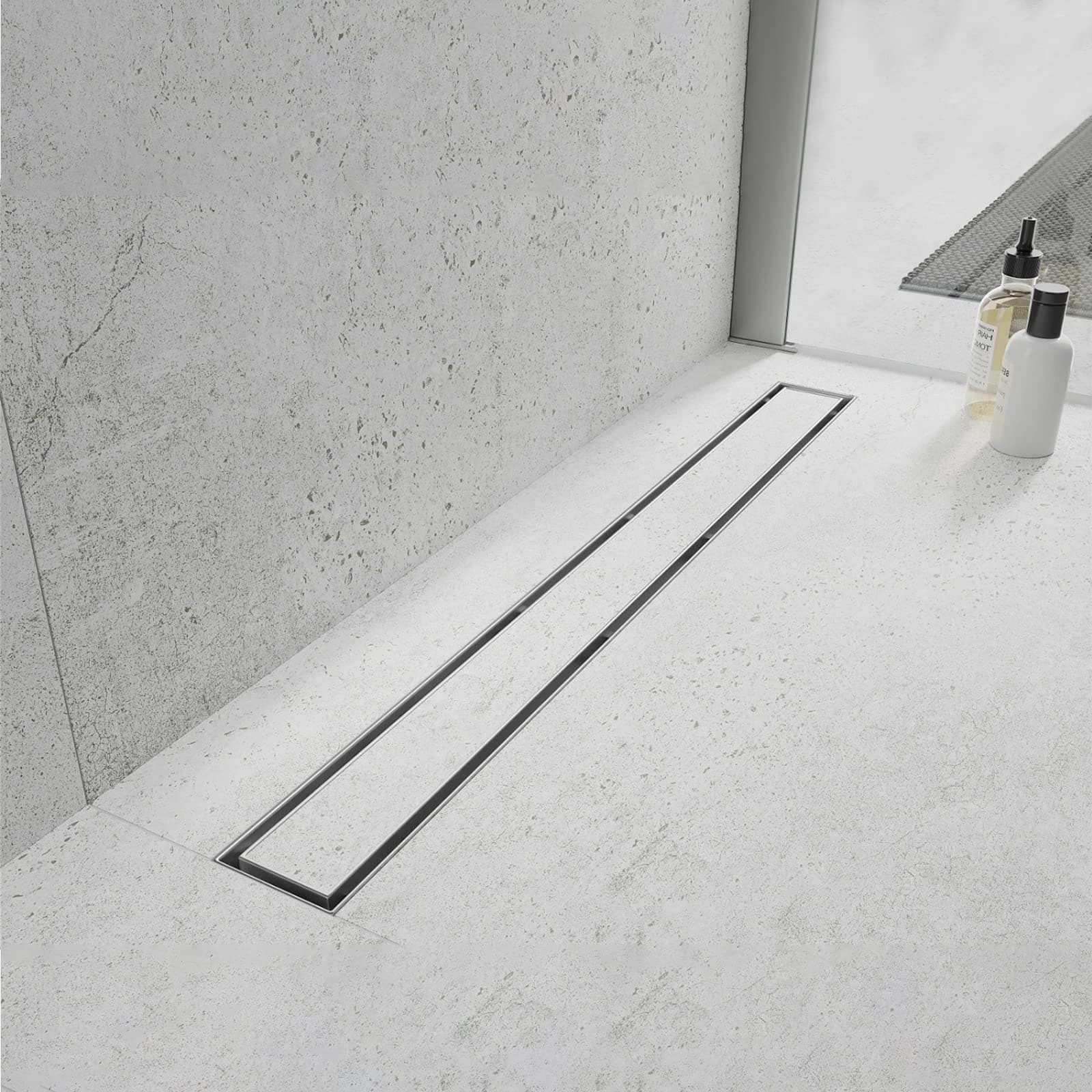 Linear Shower Drain 32 inch with Modern Flat&Tile-Insert Cover, Professional Brushed 304 Stainless Steel, High Flow, Hair Catcher Shower Drain.