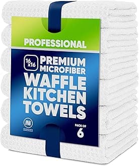 Kitchen Towels - Microfiber Waffle Weave Towels | White | 16 x 16 in. (6 Pack) | Absorbent, No Lint, Thick, Reusable, Commercial, Soft, Hand, Tea, Glass, Bar, Sublimation Blank, Polyester Cloths