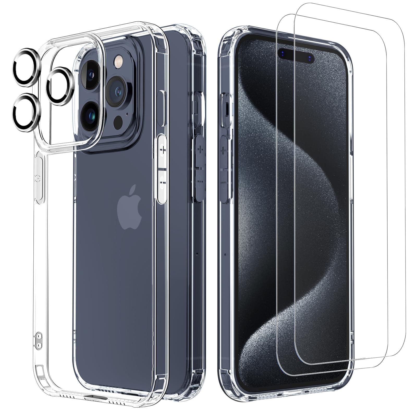 [5 in 1 Designed for iPhone 15 Pro Max Clear Case with Screen Protector[2 Pack] +Camera Lens Protector[2 Pack], Military Grade Drop Protection Transparent Cover 6.7 Inch