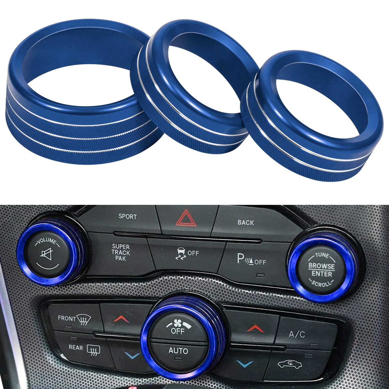 3pcs Audio Air Conditioner Switch CD Button Knob Cover Decoration Twist Switch Ring Trim for Dodge Challenger/Charger/Chrysler 300/300s 2015-2021 (Blue)