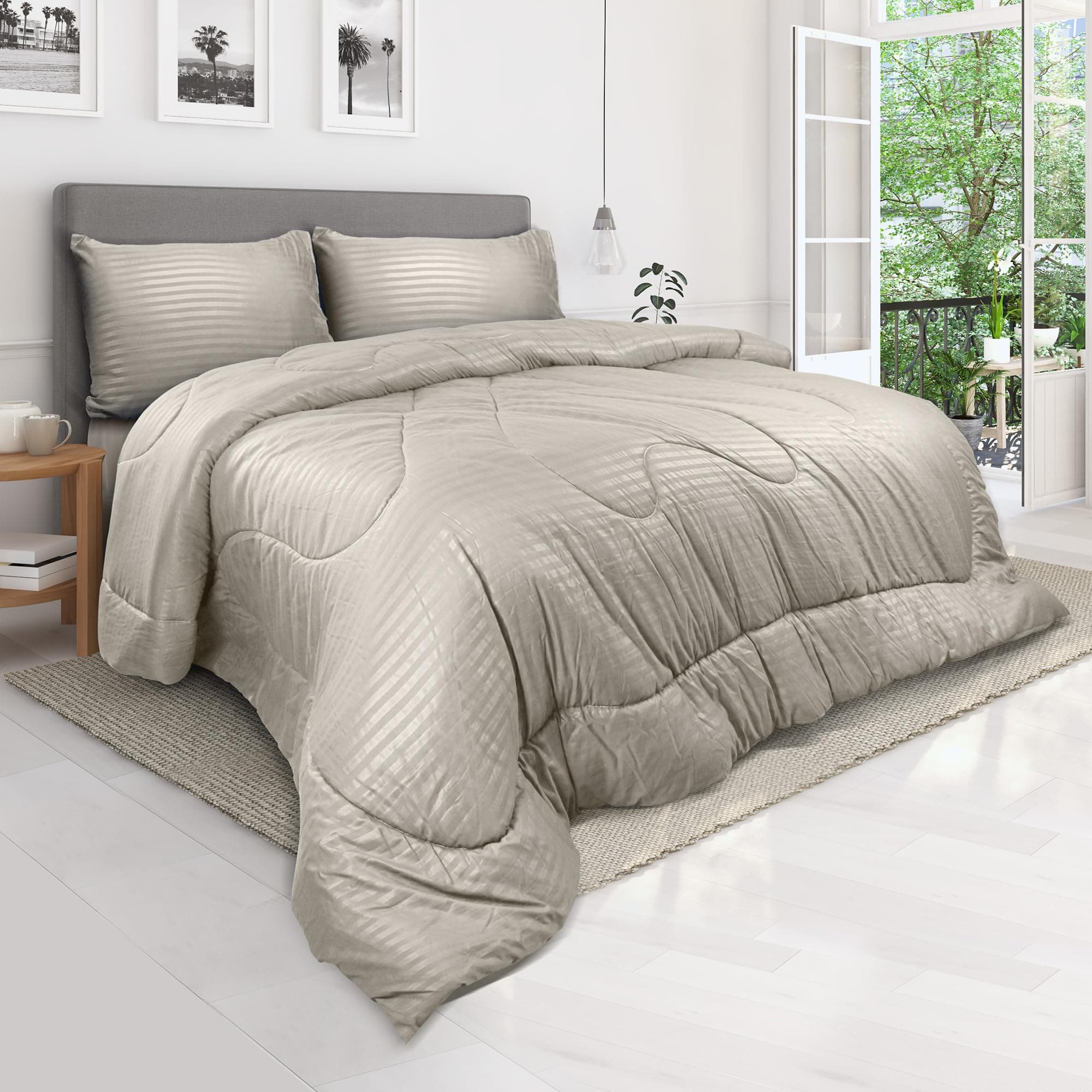Hotel Linen Klub Down Alternative Comforter Set -Ultra Soft Brushed Stripe Microfiber Fabric, 200GSM Soft Fibersheet Filling, Size : King 240 x 260cm, Color: Stone