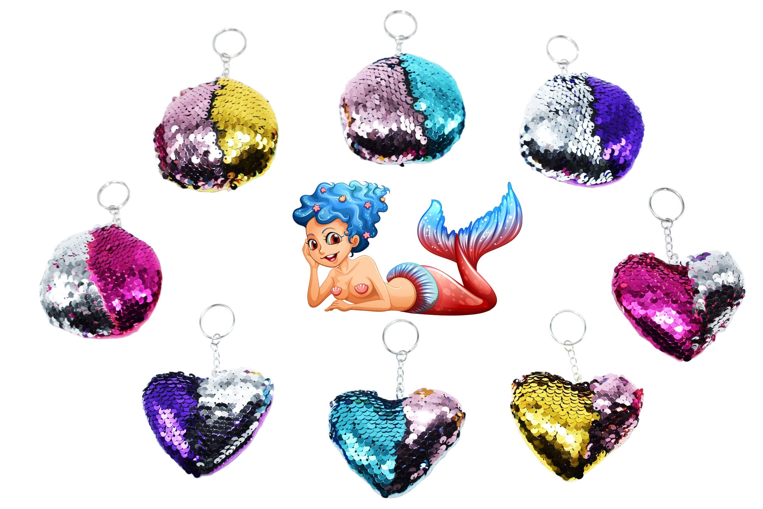 Toyme 8 Pack Mermaid Sequin Plush Keychains Mini Cute Plush Pillows, Key Chain Decorations,Novelty Key Chain for Kids Party Favours