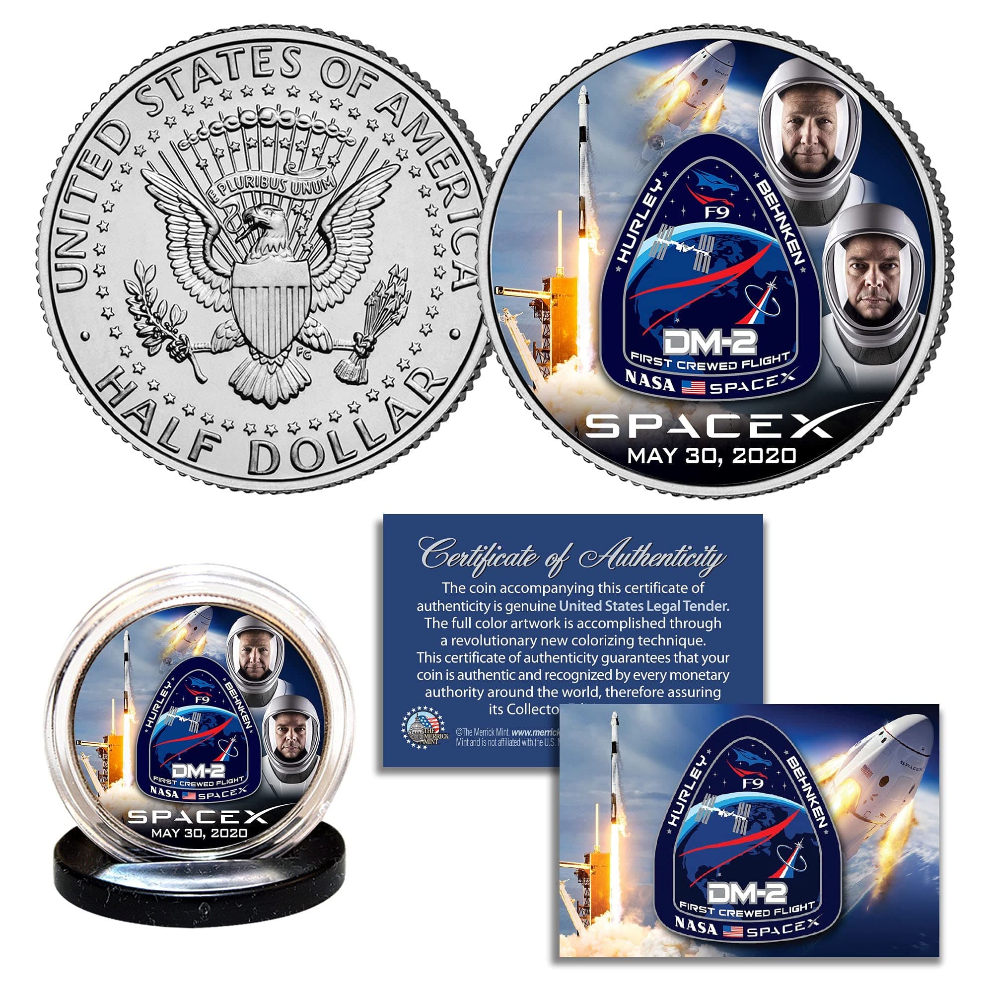 Merrick Mint Space X Astronauts Falcon 9 Rocket Carrying First Crew JFK Kennedy Half Dollar Coin