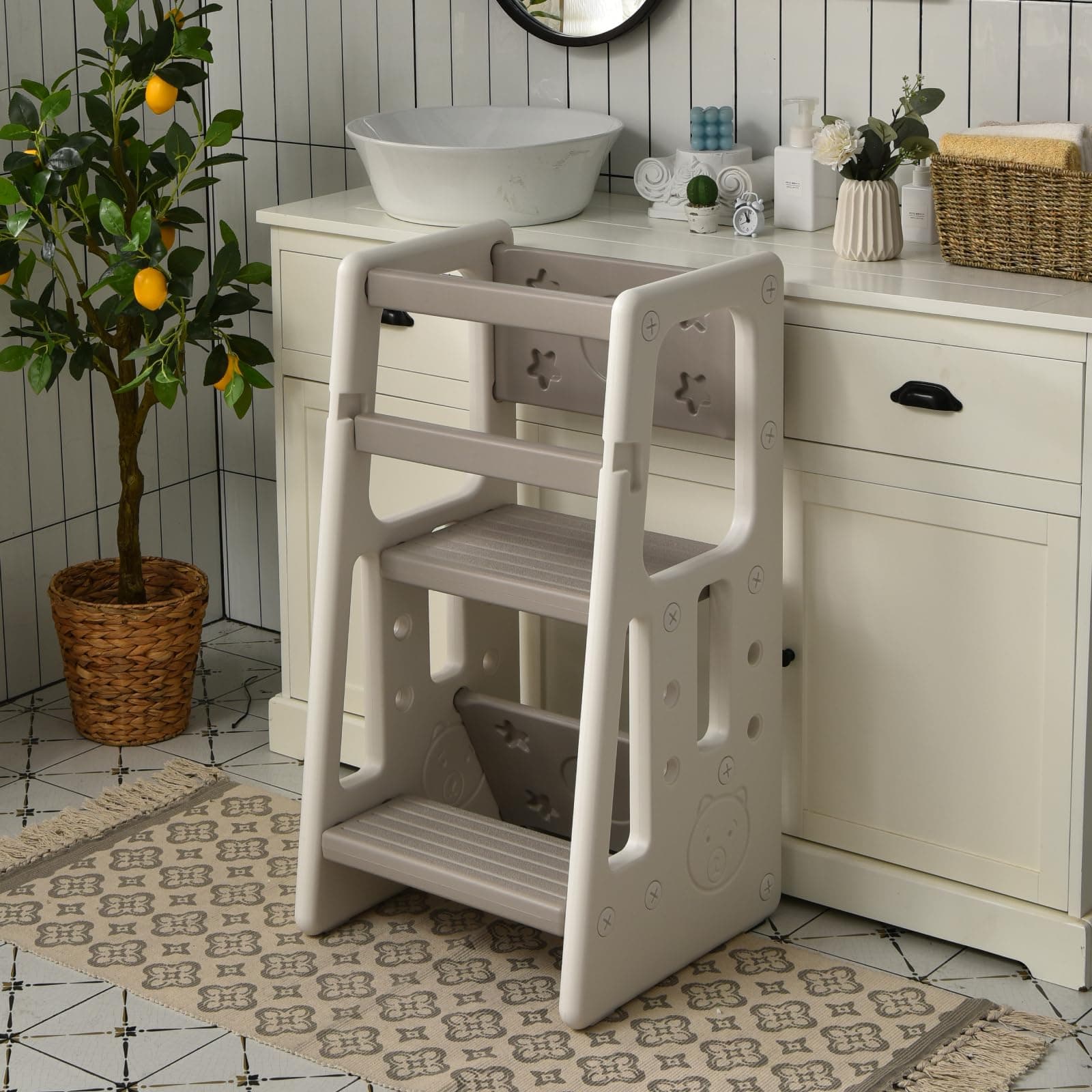 GYMAX Step Stool for Kids, Kitchen Helper Stand with Double Safety Rails, Adjustable Heights and Anti-Slip Foot Pads, Toddler Learning Tower Lightweight Stepladder (Gray)