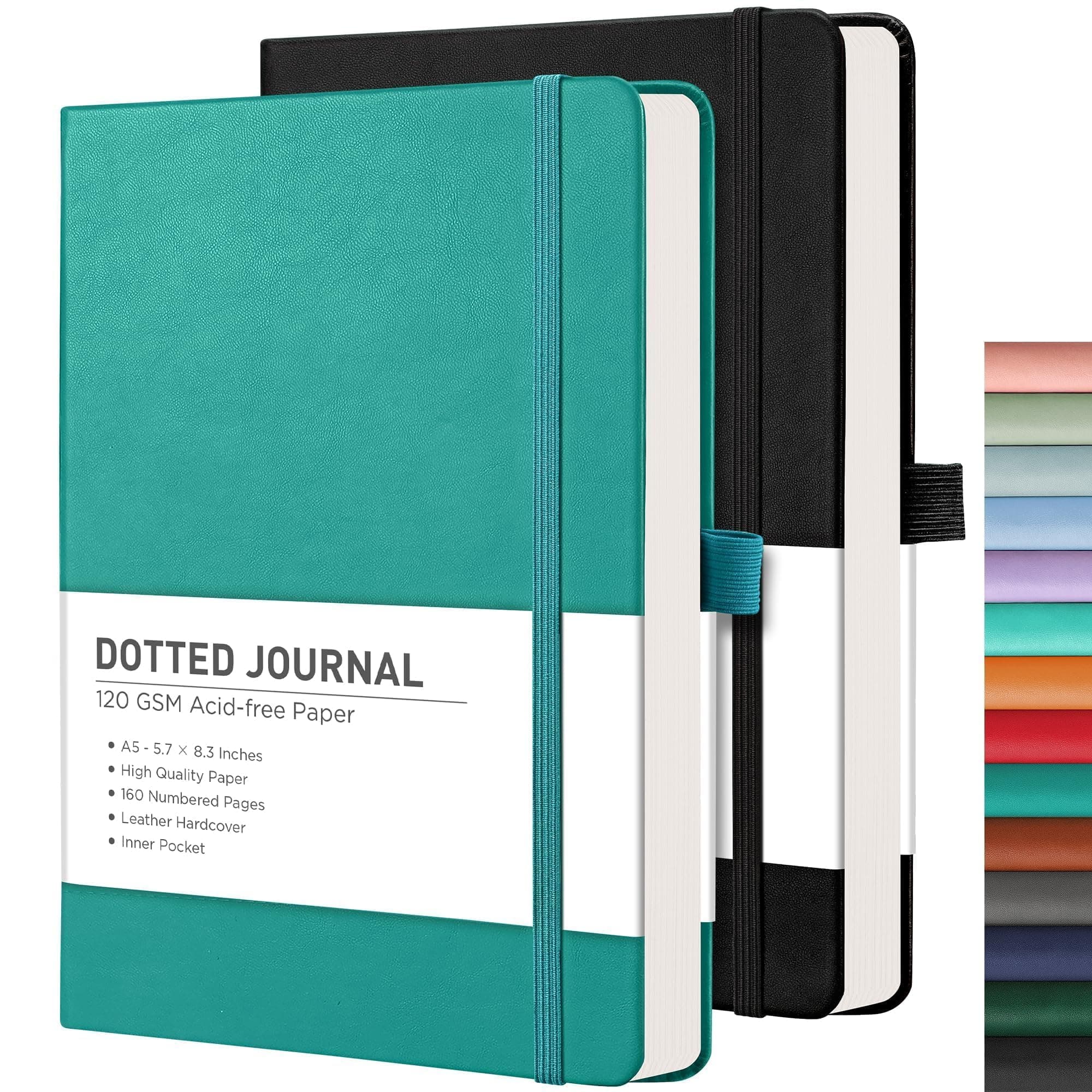 RETTACY Dotted Journal Notebook, 2-Pack, 160 Numbered Pages per Pack, A5 Medium Size (5.7'' x 8.3''), 120 GSM Thick Paper, Leather Hardcover, for Journaling, Planning, Tracking (Black & Cyan)