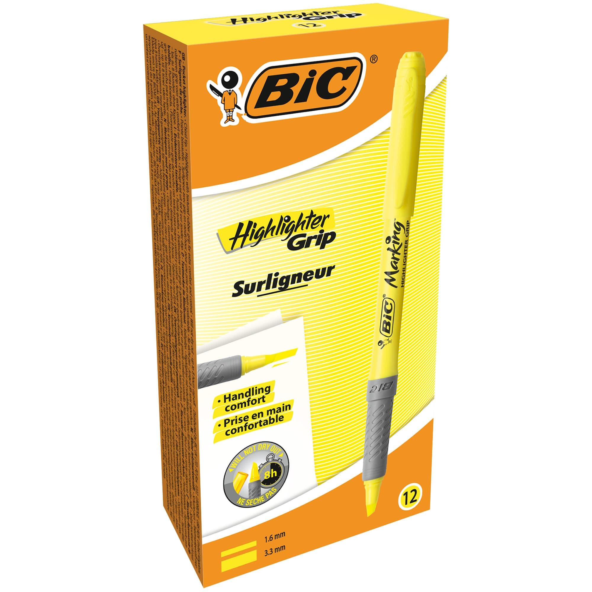 BIC Brite Liner Grip Highlighter, Chisel Tip, Yellow, 12-Count