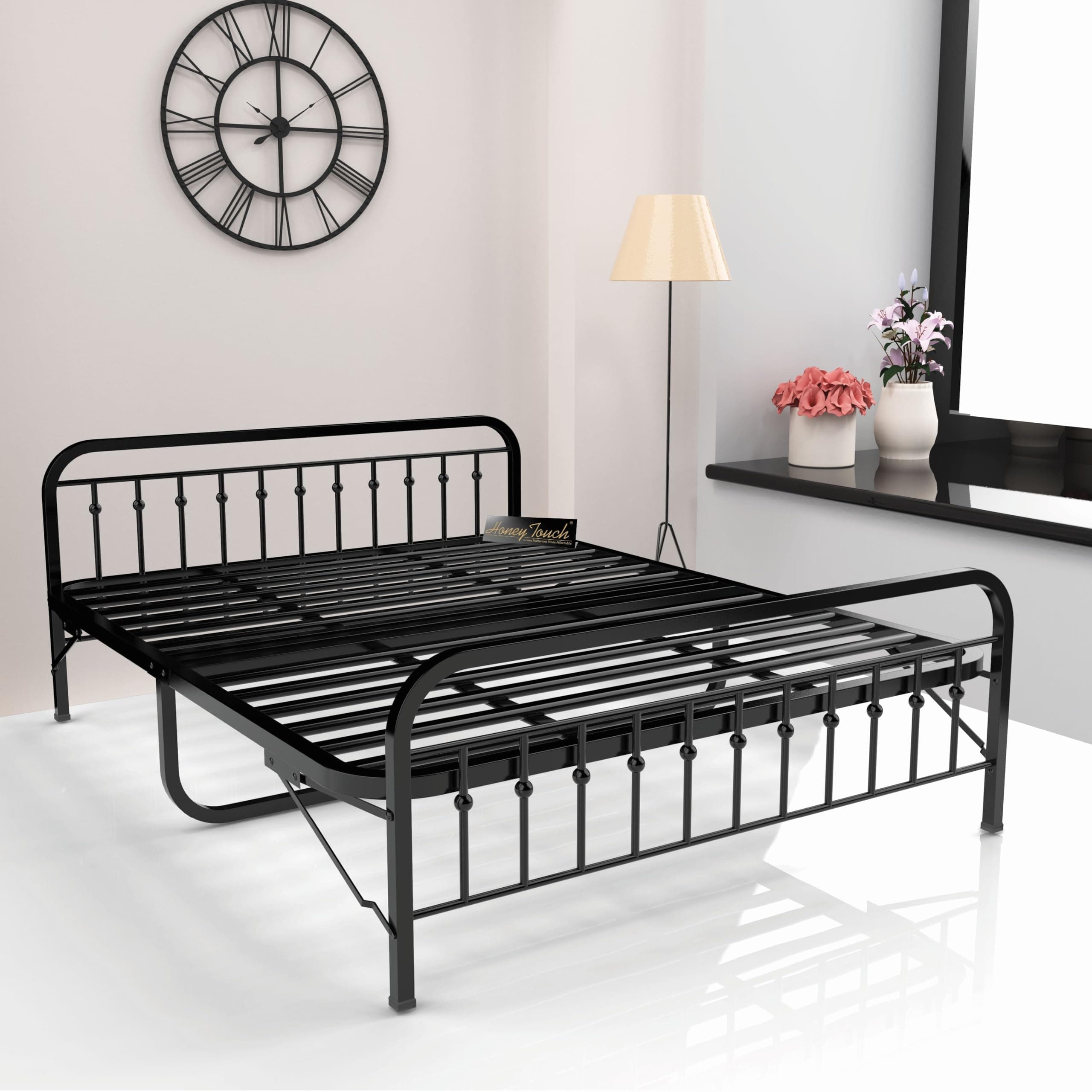 Honey Touch Nova Folding Double Bed Without Mattress | No Assembly Required | Foldable Bed for Sleeping/Guests/Rented Apartments/Bedroom(4x6.25ft, Black)