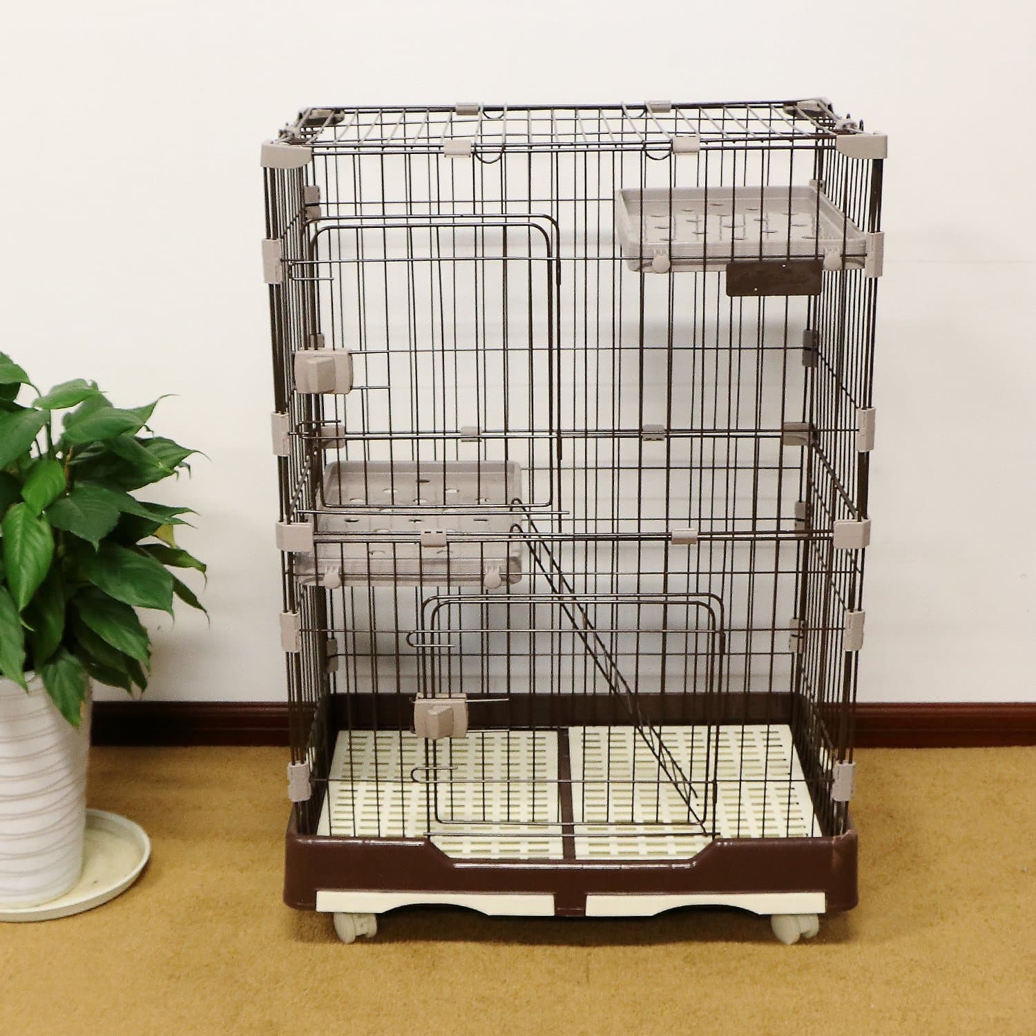 PANEY 40” H Folding Cat Home 3 Level Cat Cage 2-Door Collapsible Pet Wire Crate Cat Playpen w/Rest Benches Ladder & Tray