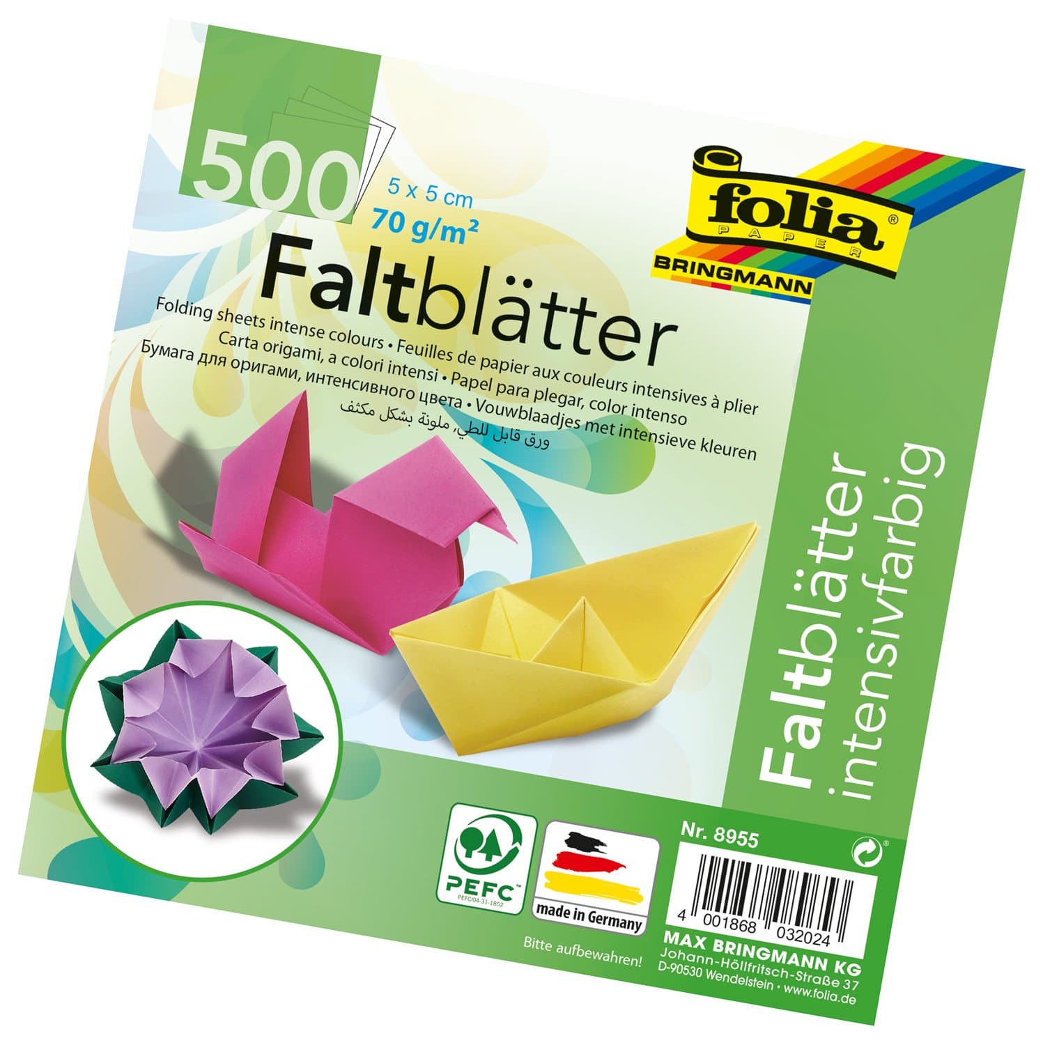 Folia8955 Folding Sheets 5 x 5 cm, 70 g/m², 500 Sheets Assorted in 10 Intense Colours – Ideal for Paper Folding and Other Creative Crafts