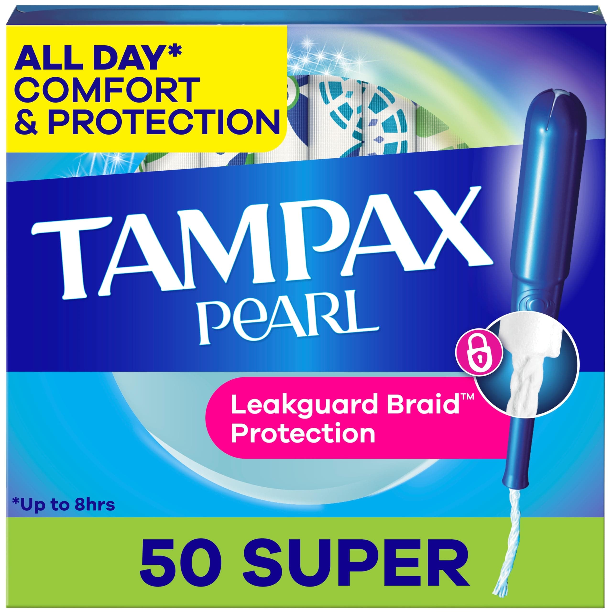 Tampax Pearl Tampons Super Absorbency, With Leakguard Braid, Unscented, 50 Count