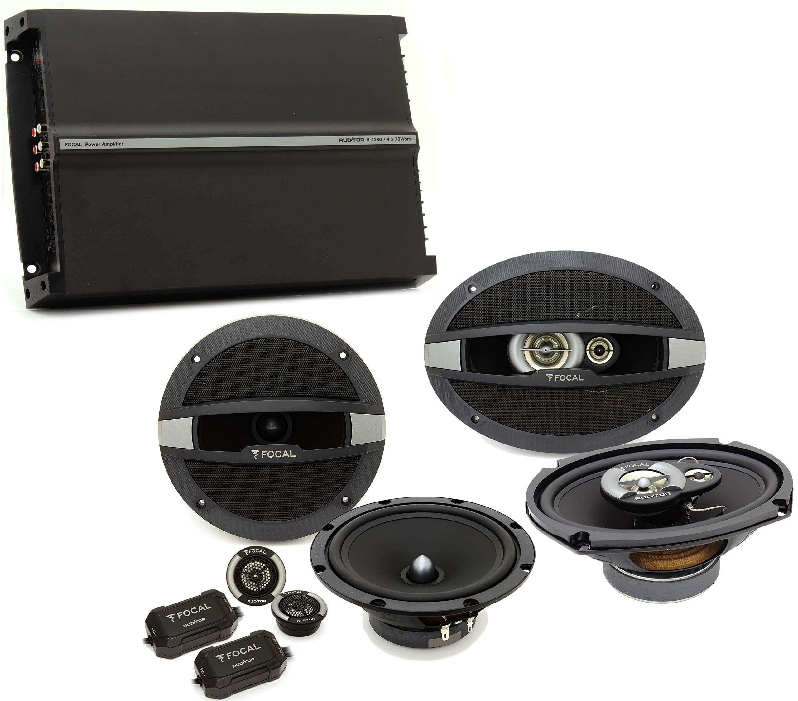 3pkg Auditor R-165S2 6.5" 120W RMS 2-Way Component Speaker System Auditor R-690C 6"x9" 160W RMS 3-Way Coaxial Speakers R-4280 4-Channel 560 Watts Max Amplifier