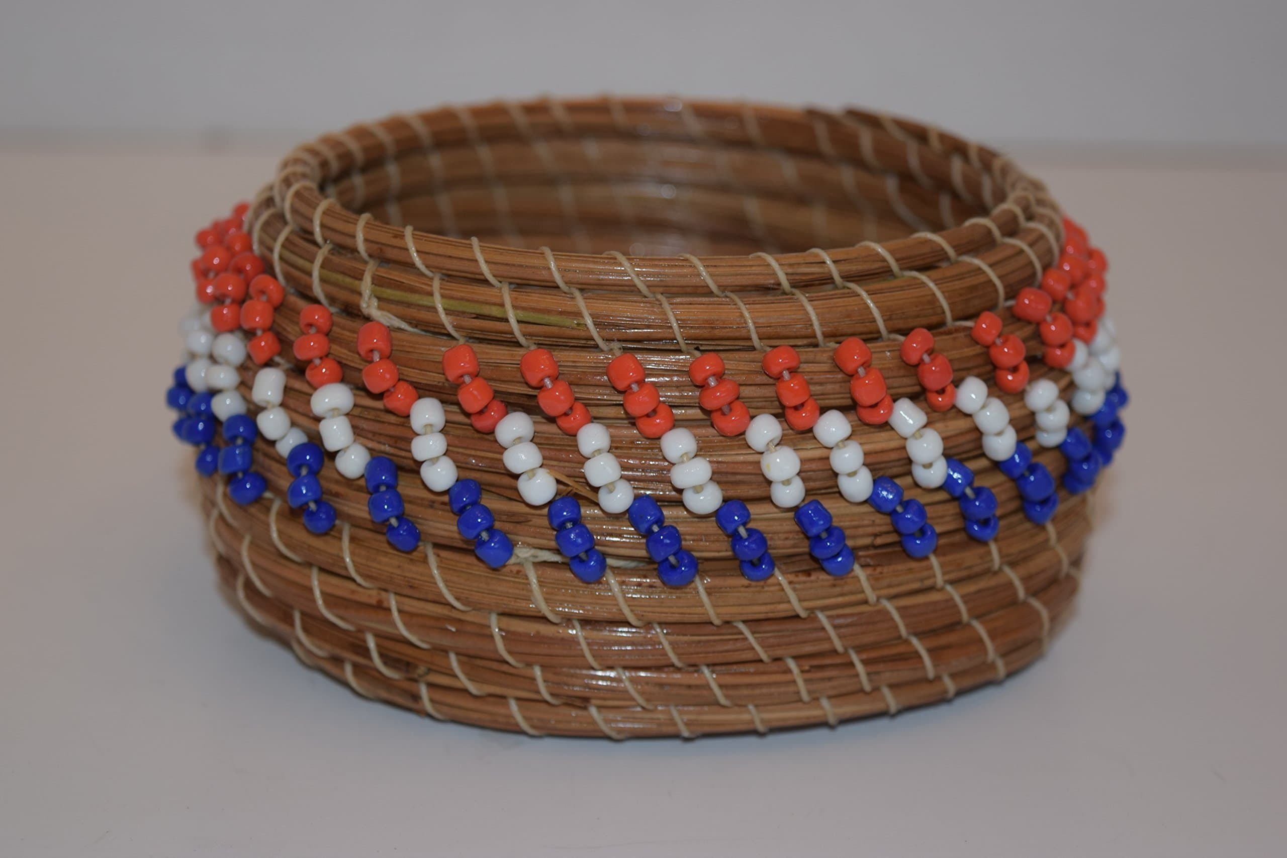Handmade Red, White and Blue Seed Bead Pine Needle Basket