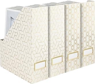 BLU MONACO | Cardboard Magazine File Holder Set of 4 | Vertical Magazine File Holder for Desk and Shelves | Cream Gold Foldable Magazine Holders with Label Slots