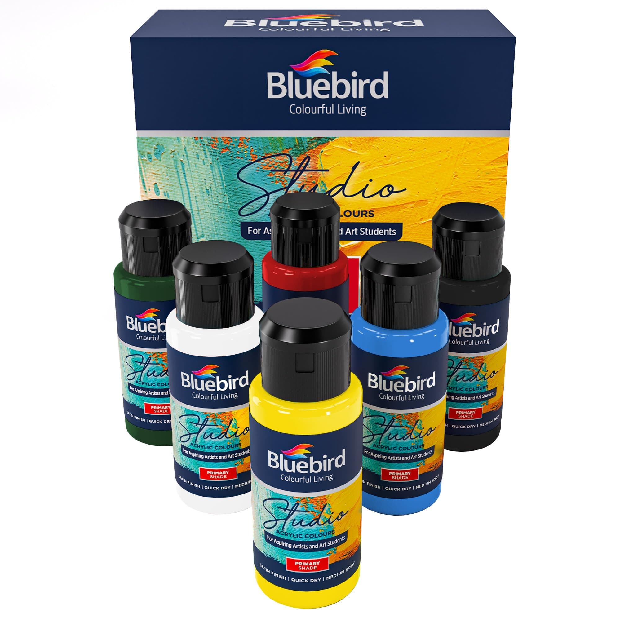 Bluebird Studio Acrylic Paints, Primary Colors, 6-Pack 100 ML each, Basic Acrylic Paint For Kids, Students & Beginner Artists