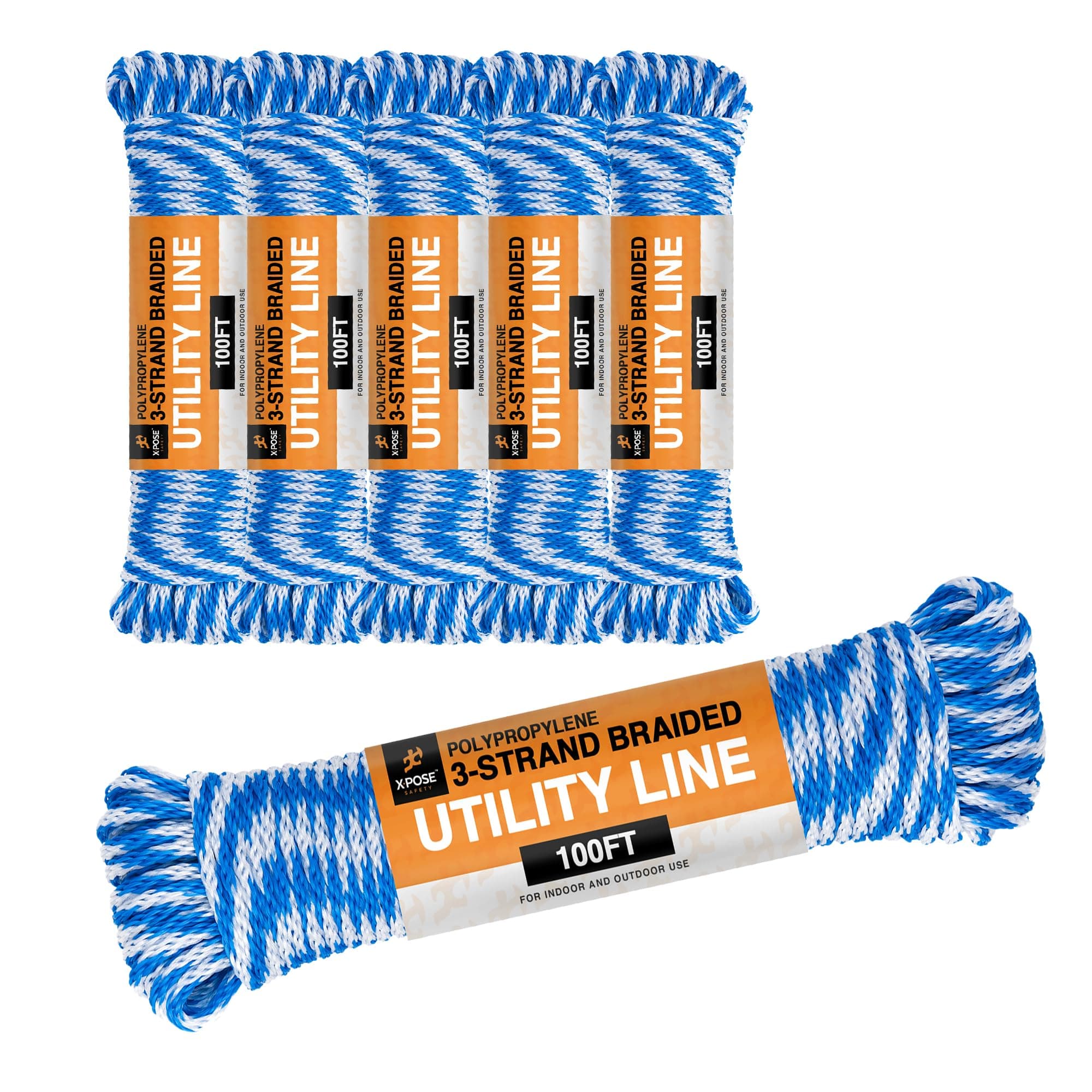 Polypropylene Rope - Braided Utility Line - 100 Ft Rope - All Purpose Indoor & Outdoor Poly Rope Cord - Twisted Clothesline Rope, Sash Cord, Anchor Line, Camping, Marine, Pool, Nautical 6 Pack