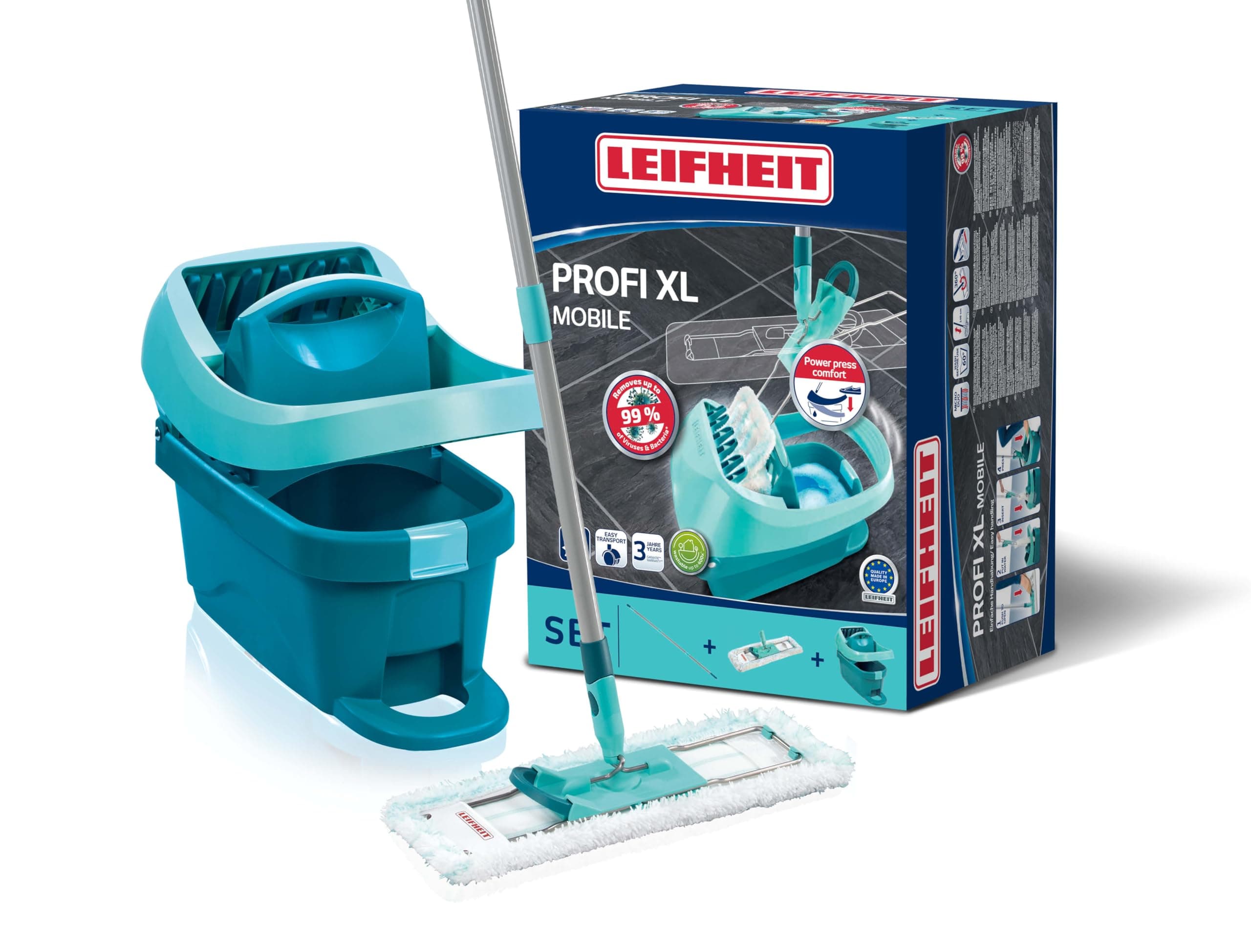 Leifheit "Profi" Mop and Bucket Set with Rollers, Turquoise