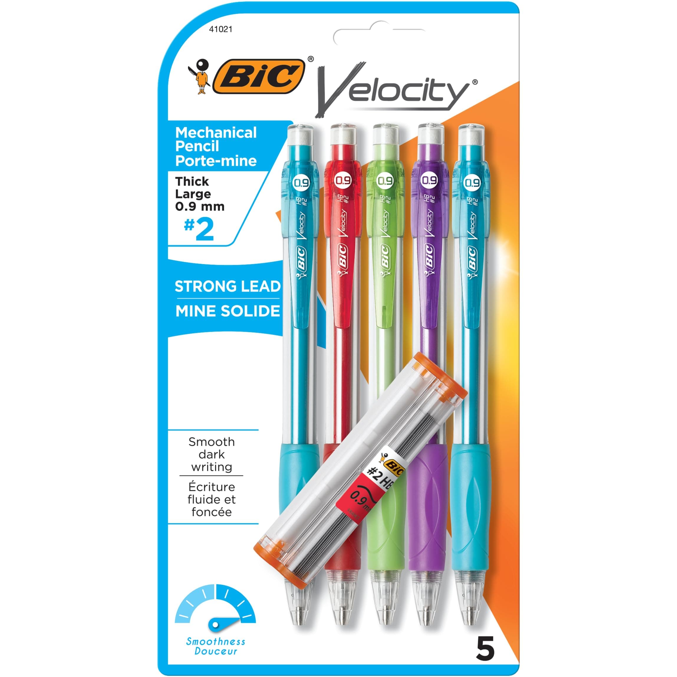 BIC® Velocity® Original Mechanical Pencils, 0.9 mm, Assorted Barrel Colors, Pack of 5