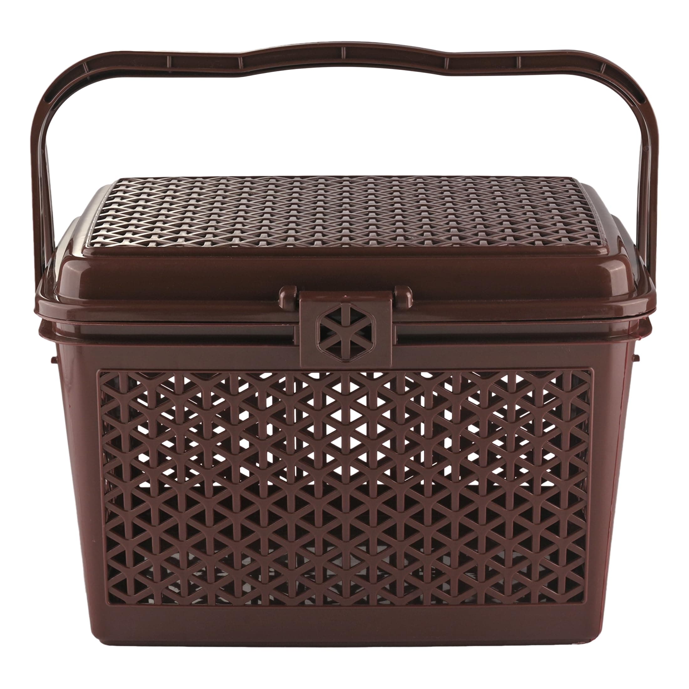 Kuber Industries Trendy Shopping/Storage Basket with Handles|Solid Plastic Big Bin|Handles Plus Lid|Size 30 x 41 x 28 (Brown)-KUBMART11096,Rectangular