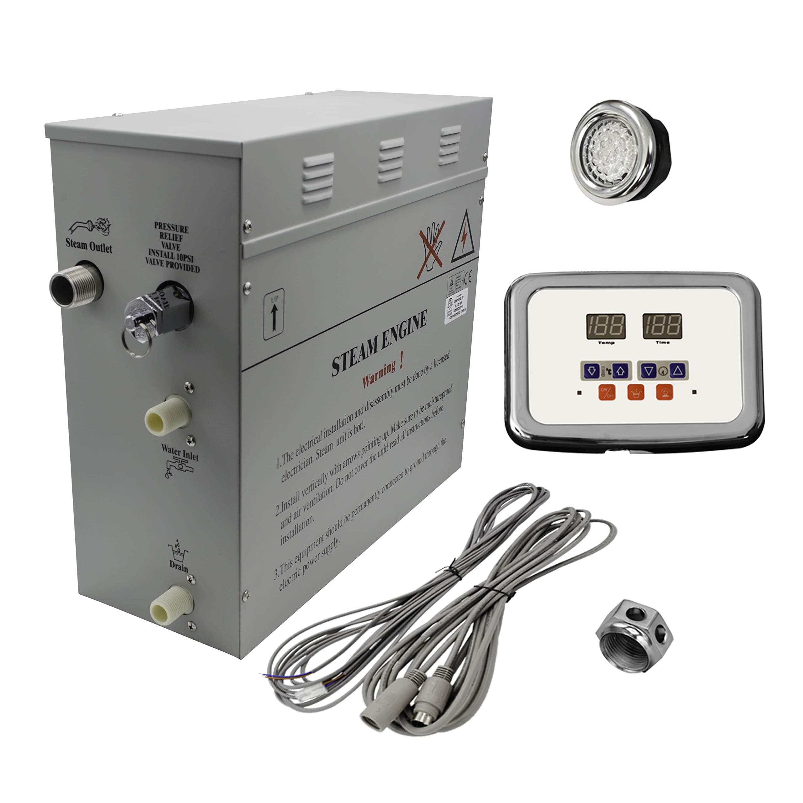 Superior 9kW Self-Draining Steam Bath Generator with Waterproof Programmable Controls and Chrome Steam Outlet with Free Light