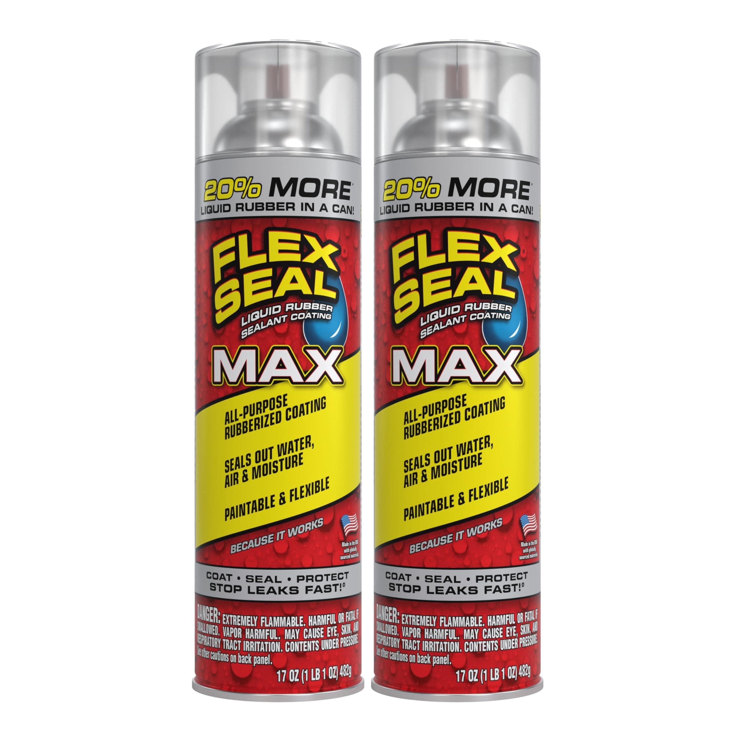 MAX, 17 oz, 2-Pack, Clear, Stop Leaks Instantly, Waterproof Rubber Spray On Sealant Coating, Perfect for Gutters, Wood, RV, Campers, Roof Repair, Skylights, Windows, and More