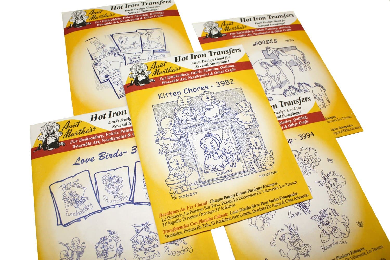 Aunt Martha's Iron On Transfer Patterns for Stitching, Embroidery or Fabric Painting, Cute Vintage Animal Patterns for Tea Towels or Quilting, Set of 5