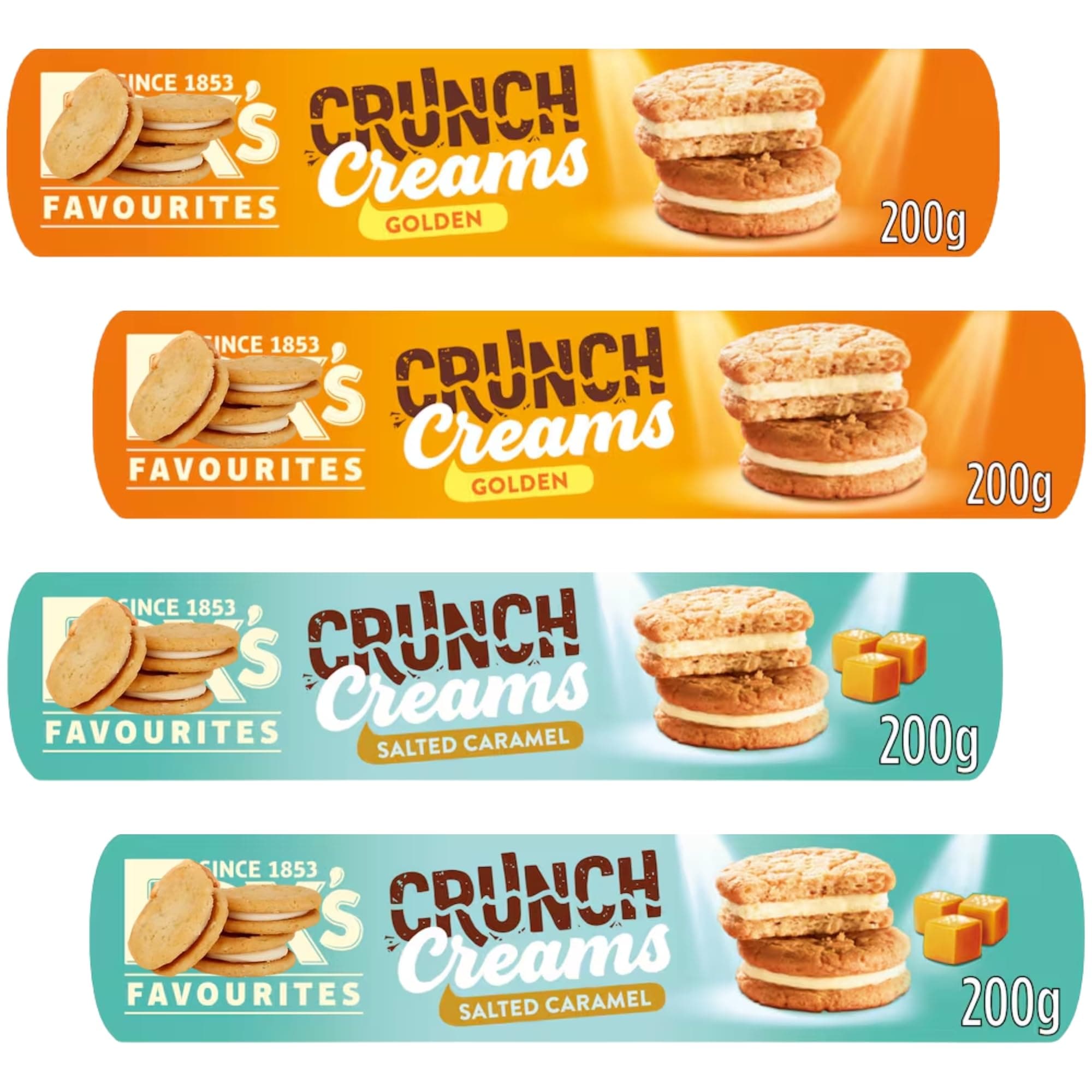 Cream Biscuit Bundle With Fox's Salted Caramel Crunch Cream Biscuits 200g and Golden Crunch Creams Biscuit 200g (4 Pack)