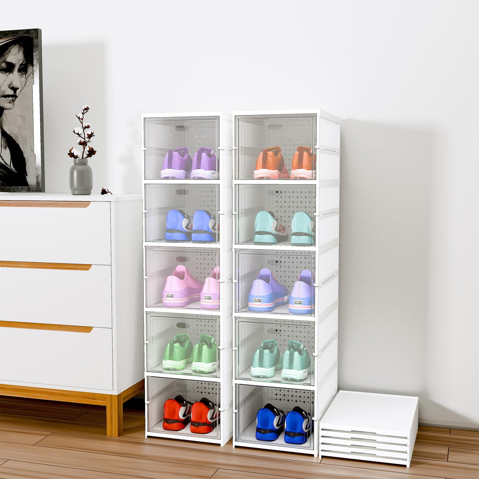 Kuber Industries Pack of 2 Plastic 5 Layer See Through Closed Shoes Racks for Home | Shoe Boxes Storage/Sneaker Shoe Box Stand | Organizer for Wardrobe | Collapsible Shoe Rack Storage | White