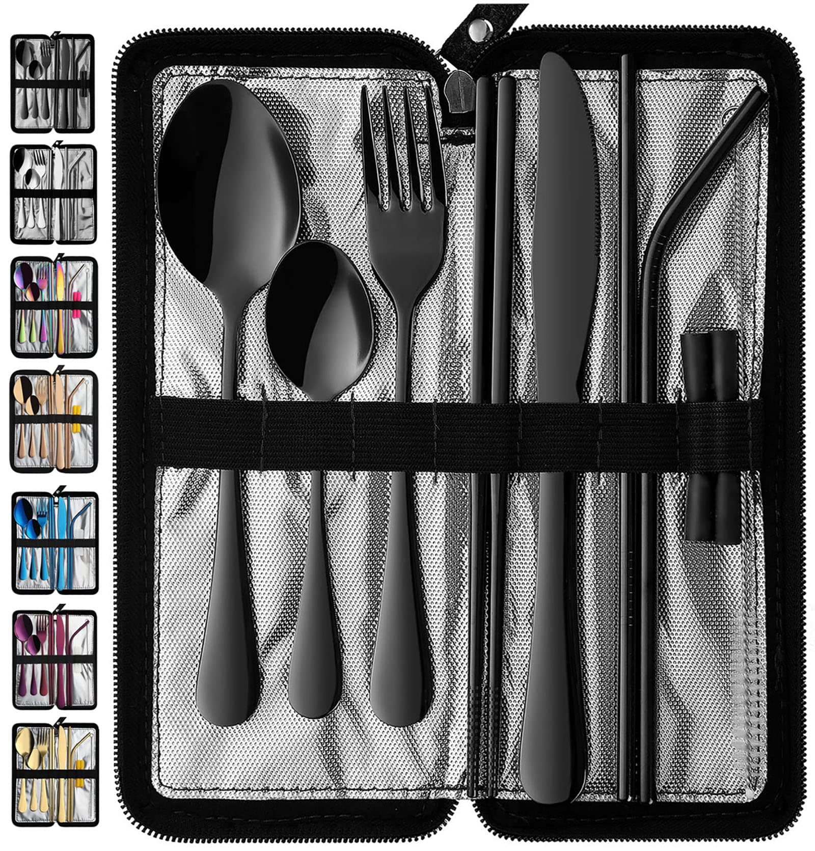 Portable Travel Utensils, Reusable Silverware with Case for Fixing Tableware, 9 Pieces Stainless Steel Stable Flatware Set, Camping Picnic Cutlery Set (Black Set)