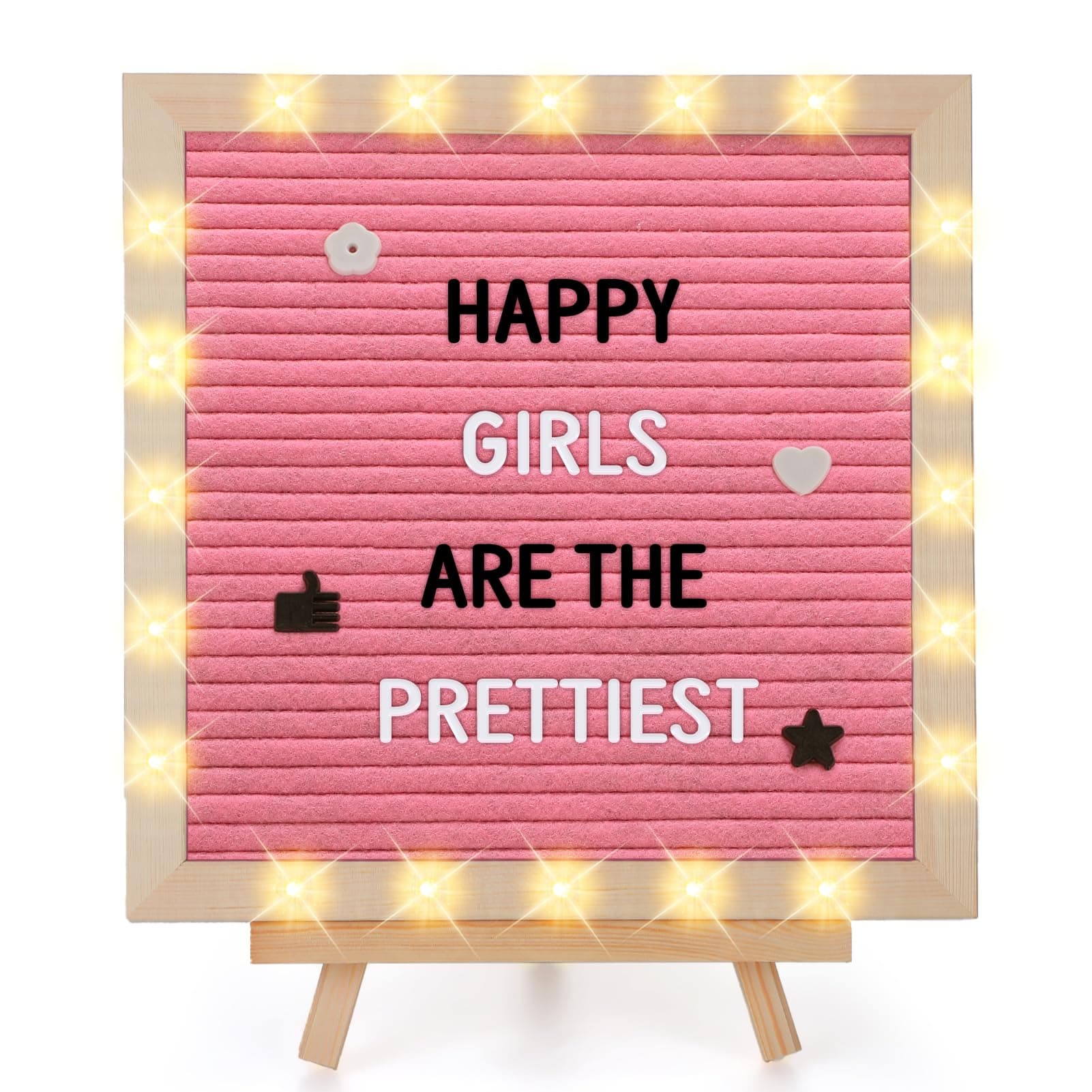 Changeable Felt Letter Board with LED Lights - 10×10" Message Custom Signs & Wood Stand & 450 Letters, Poster Board for Easter/Baby/Pregnancy Announcement/Classroom Wall Decor Gifts, Pink