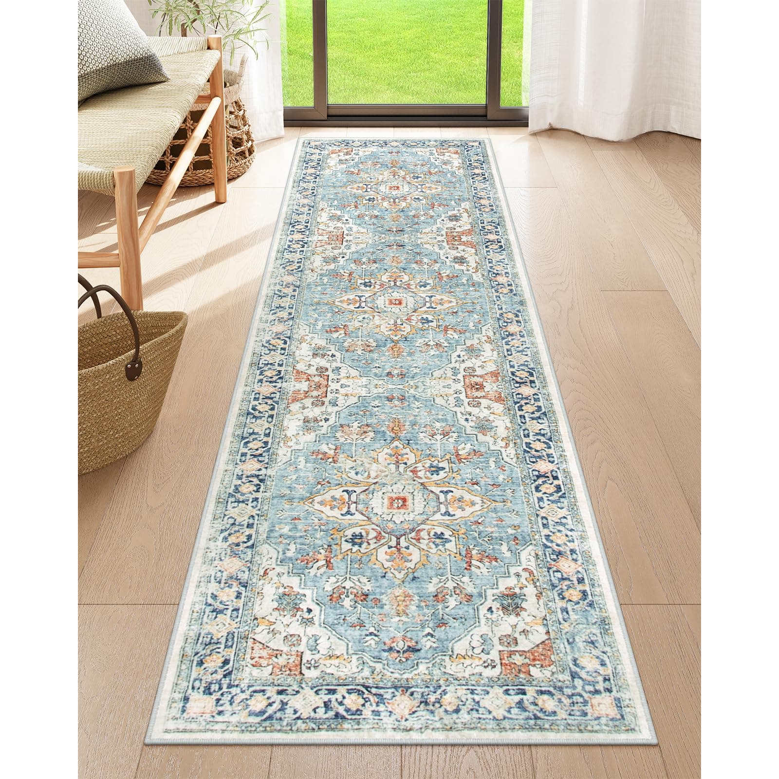 Boho 2x8 Washable Hallway Runner Rug,Blue Kitchen Runner Rugs Non Skid Washable,Vintage Soft Throw Carpet Runner with Rubber Backing for Bathroom Laundry Doorway Decor,Blue