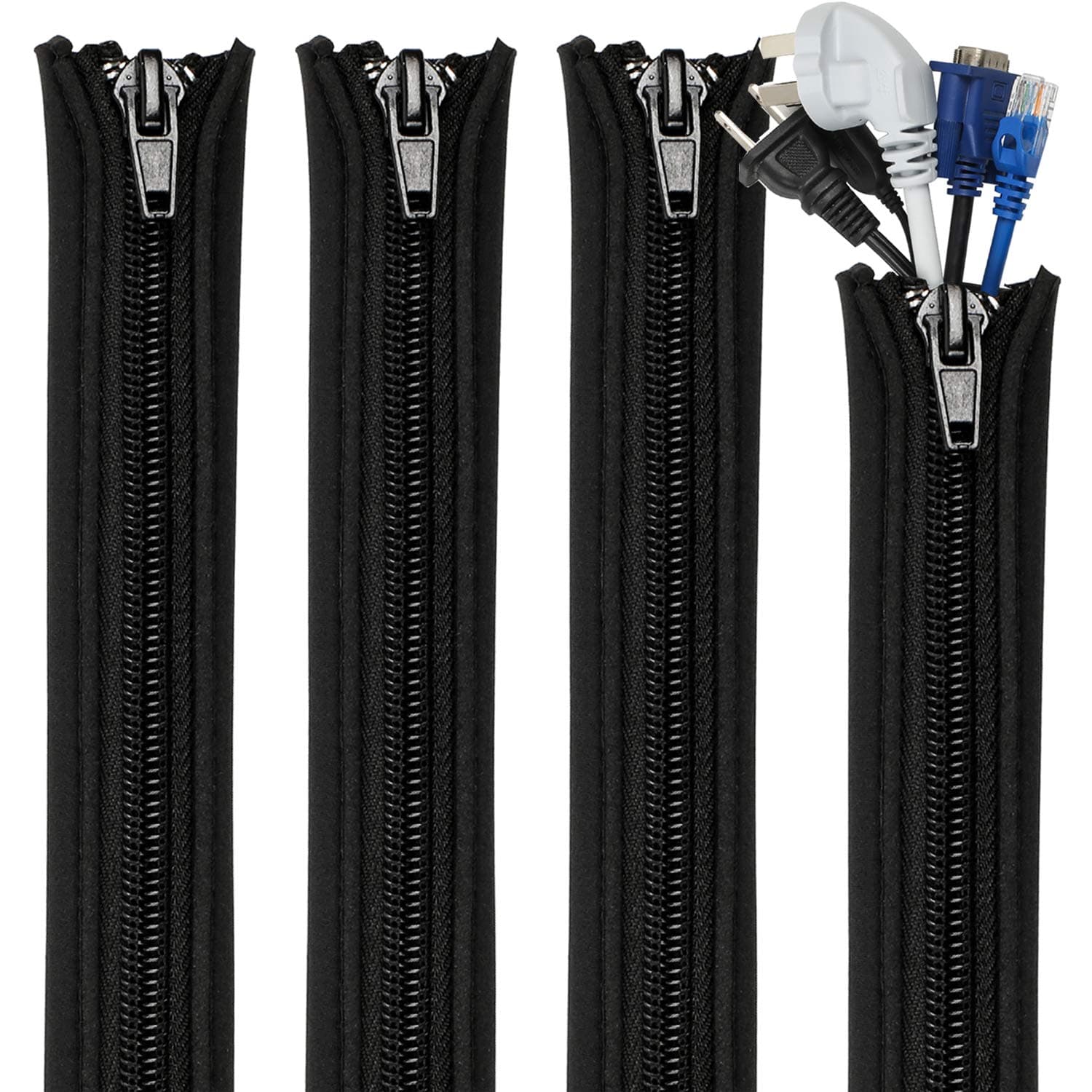 4 Pack Cable Tidy Sleeve, Cable Sleeve with Zipper, Cable Management Sleeves for TV, Computer, Office, 15"/38cm Per Sleeve