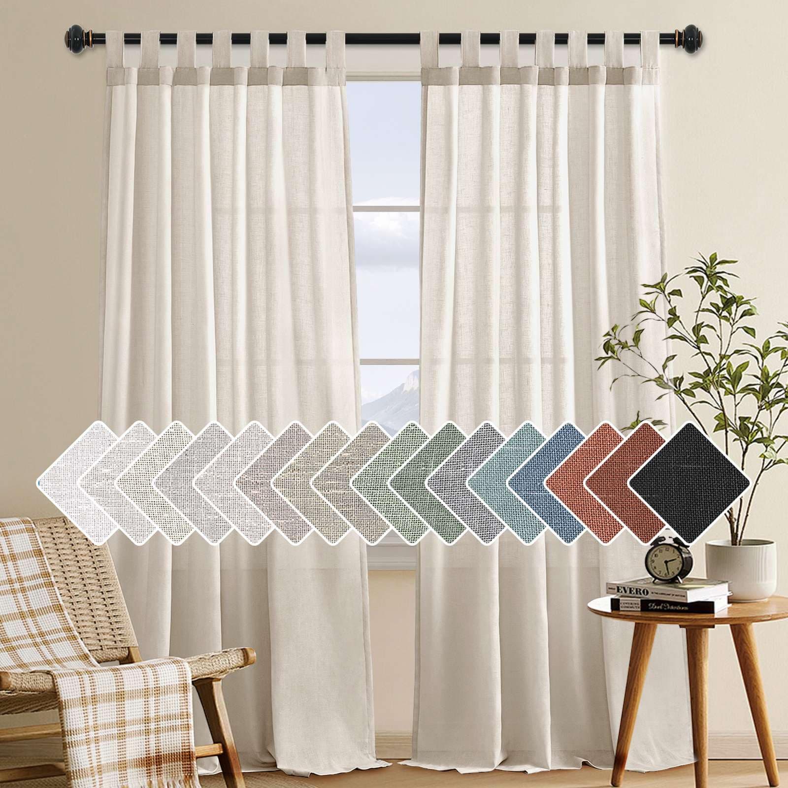 2 Pack Ultra Luxurious Solid High Woven Linen Elegant Semi Sheer Curtains 7 Tab Top Breathable and Airy Drapes for Bedroom/Living Room - 52 by 96 Inch, Set 2 Panels, Heathered Natural