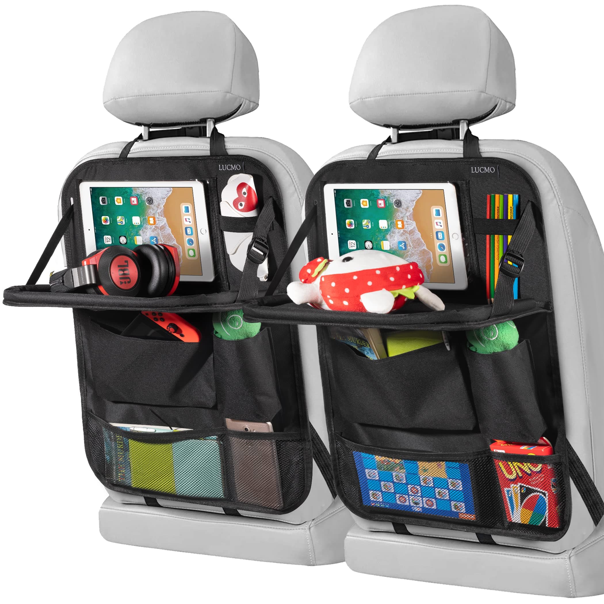 LUCMO Car Backseat Organizer with Touch Screen Tablet Holder,9 Storage Pockets Storage Organizer,Protectors Kick Mats Travel Accessories (Black, 2 Pack with Food Tray)