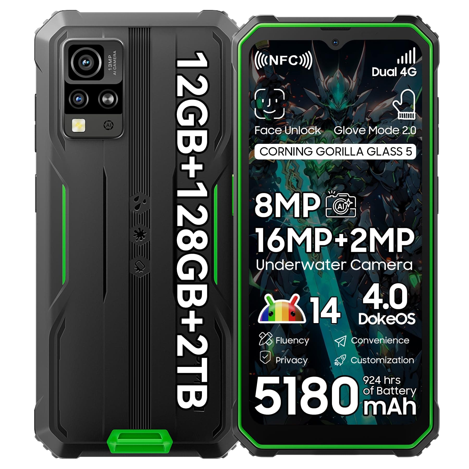 Blackview BV4800 Pro Android 14 Rugged Phone Unlocked, Octa-core 12GB+128GB/SD 2TB, IP69K Waterproof Rugged Smartphone, 6.56''HD+Display, 5180mAh Battery, NFC, 4G Dual SIM, 3 Card Slots,Glove Mode,GPS