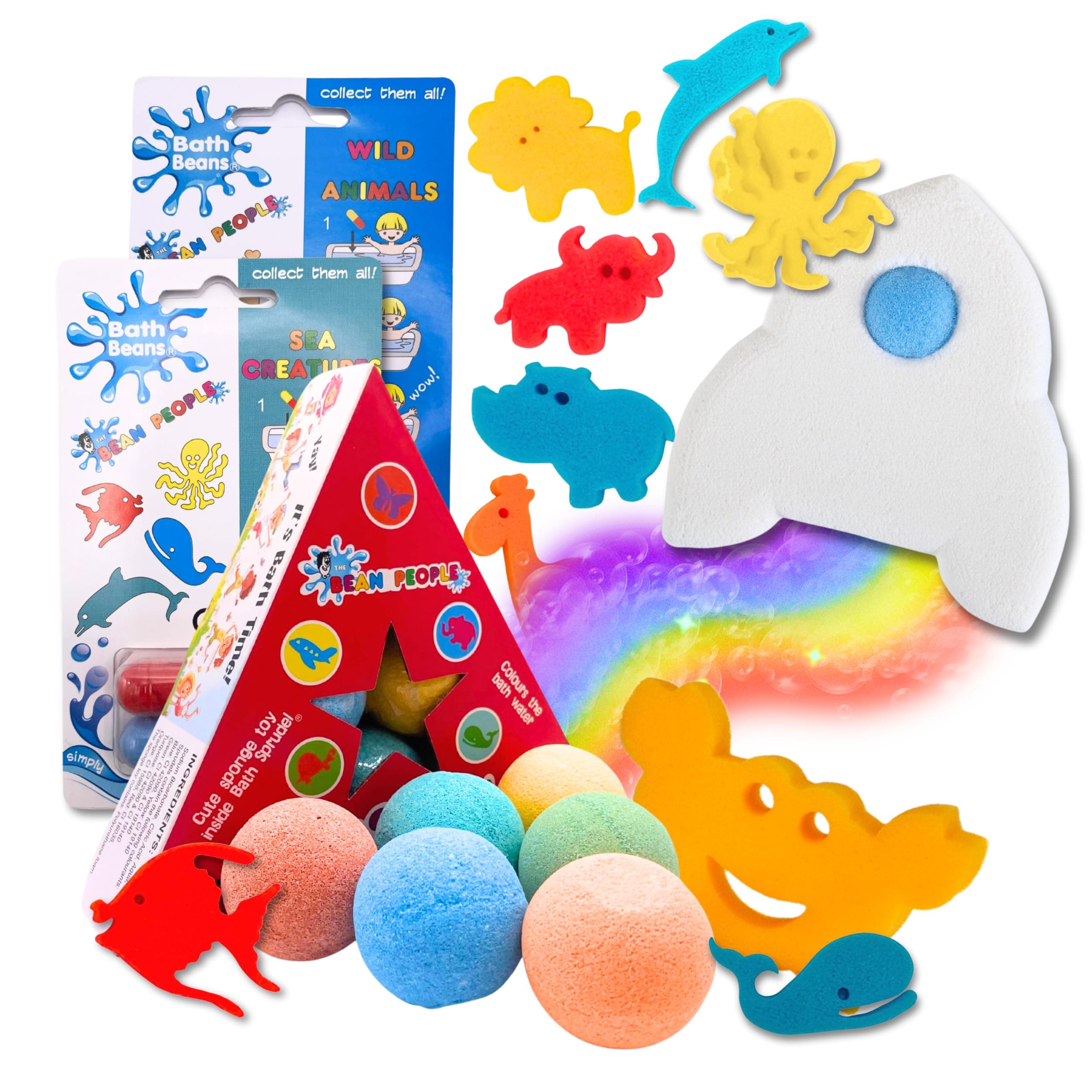 Big Splash Pack - Bath Toys with Six Pack Bath Bombs for Kids, Rainbow Rocket Bath Bomb, Sea Creature & Wild Animal Bath Beans, Sponge Toy for Girls and Boys