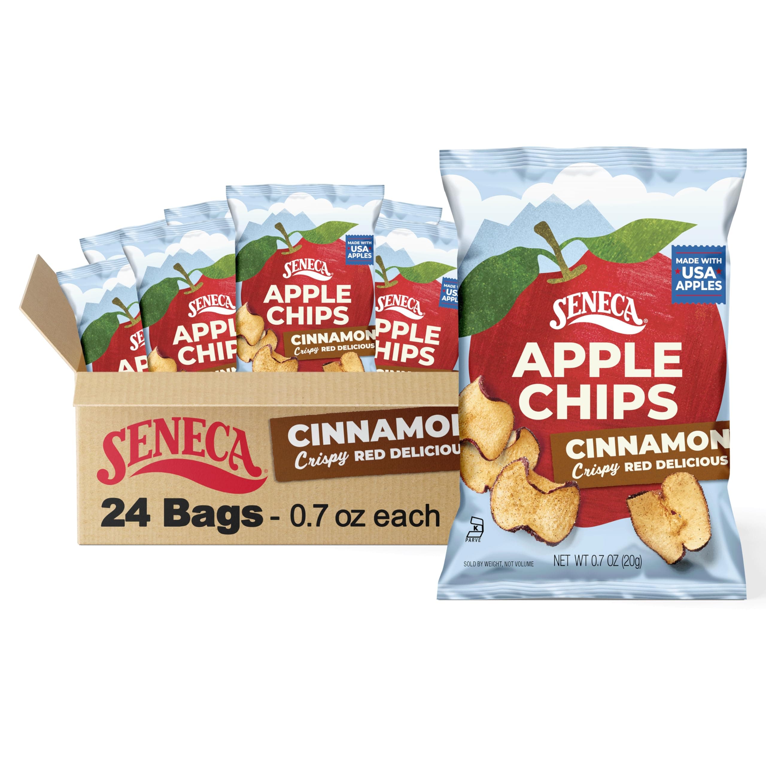Seneca Cinnamon Apple Chips | Made from Fresh Apples | 100% Red Delicious Apples | Yakima Valley Orchards | Real Cinnamon | Crisped Apple Perfection | Foil Fresh Bag | 0.7 ounce (Pack of 24)