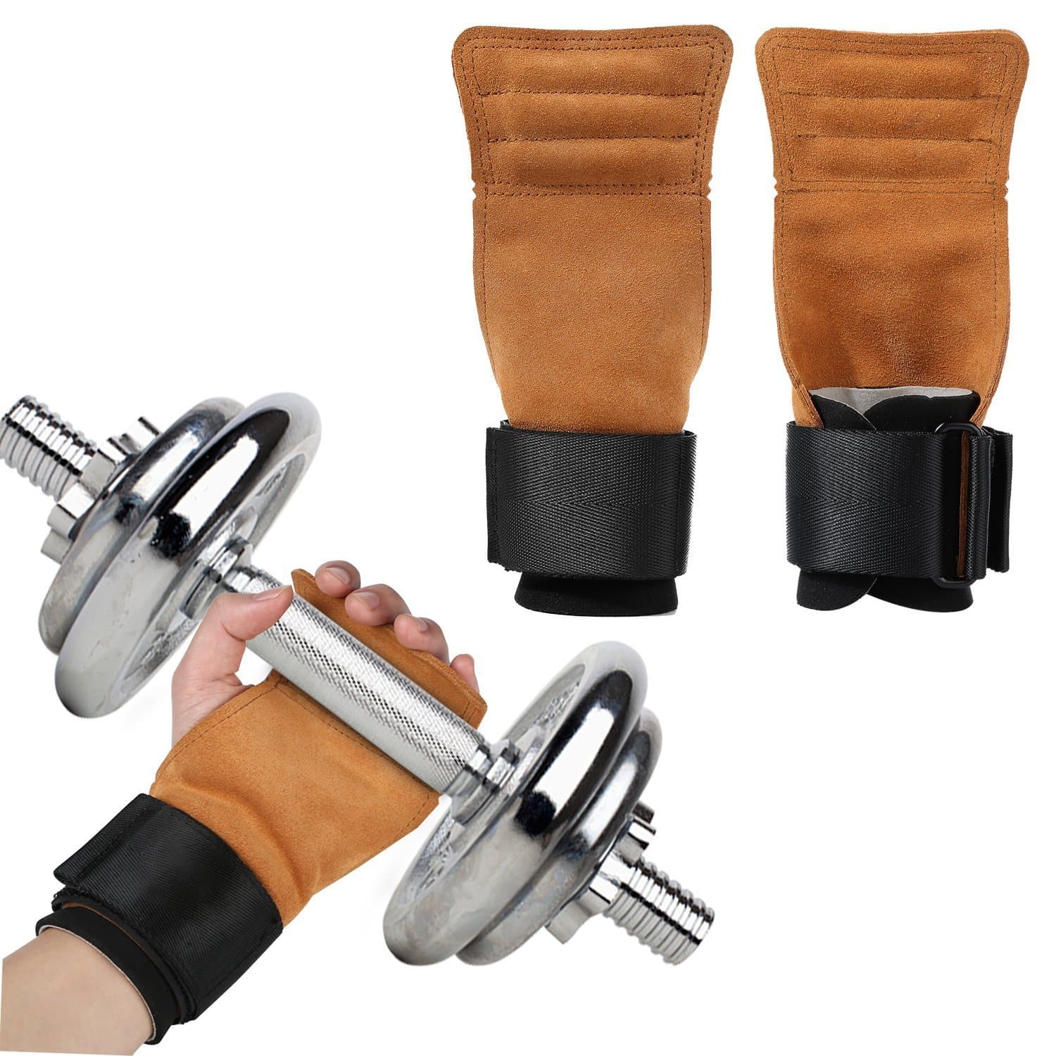 AOGETYO Weight Lifting Grips Hand Protector Leather Gym Pull Up Gloves Workout Straps Palm Pads with Wrist Support for Mens Womens Deadlifts Bodybuilding