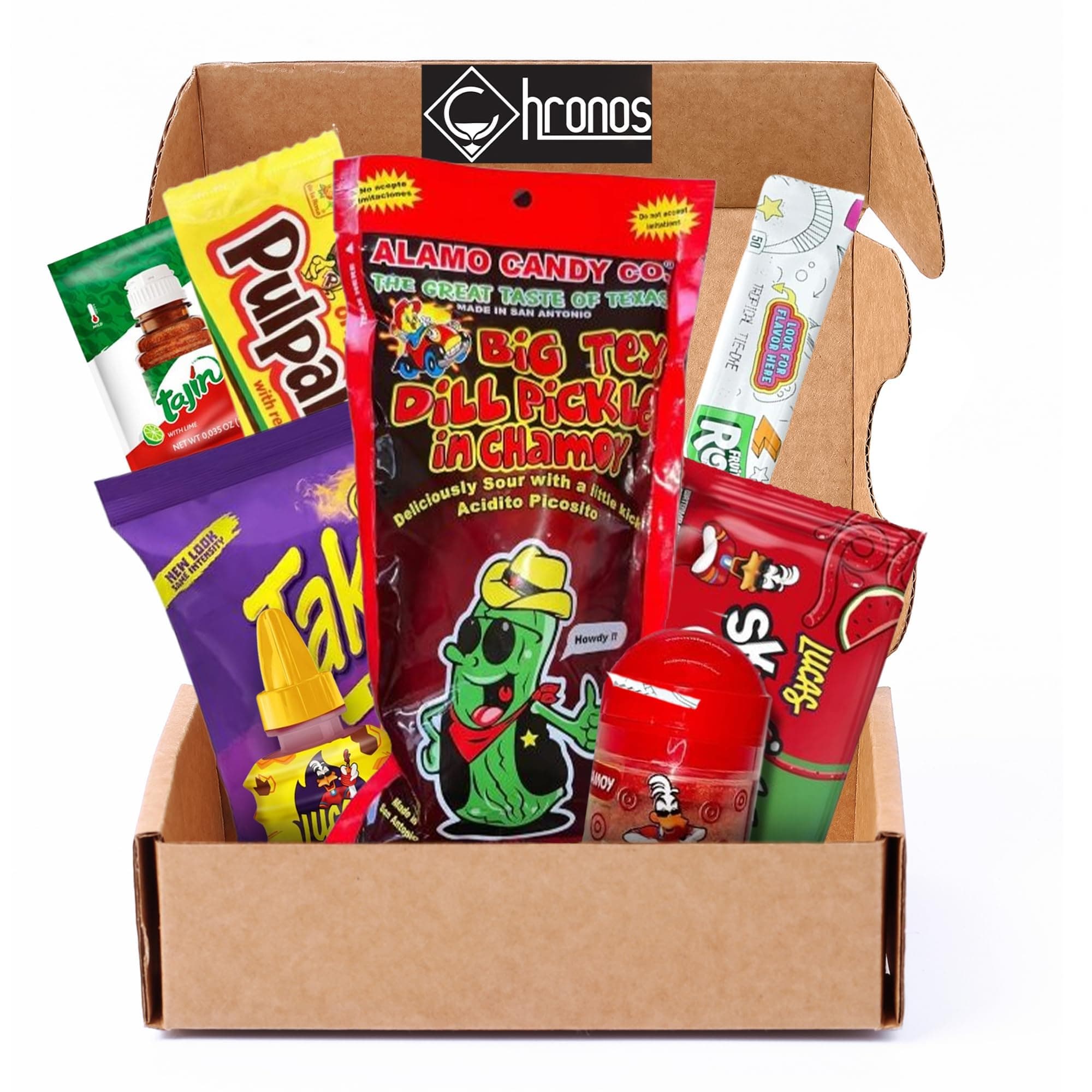 Chamoy Pickle Kit by CHRONOS 9 Piece Kit includes Alamo Big Tex Chamoy pickle, Skwinkles Watermelon Flavor, Lucas Gusano (tamarind), Lucas Polvos (chamoy), Tajin Packet, Fruit Roll Up, Tamarind Pulp Candy, Takis Fuego and Chronos Magnet