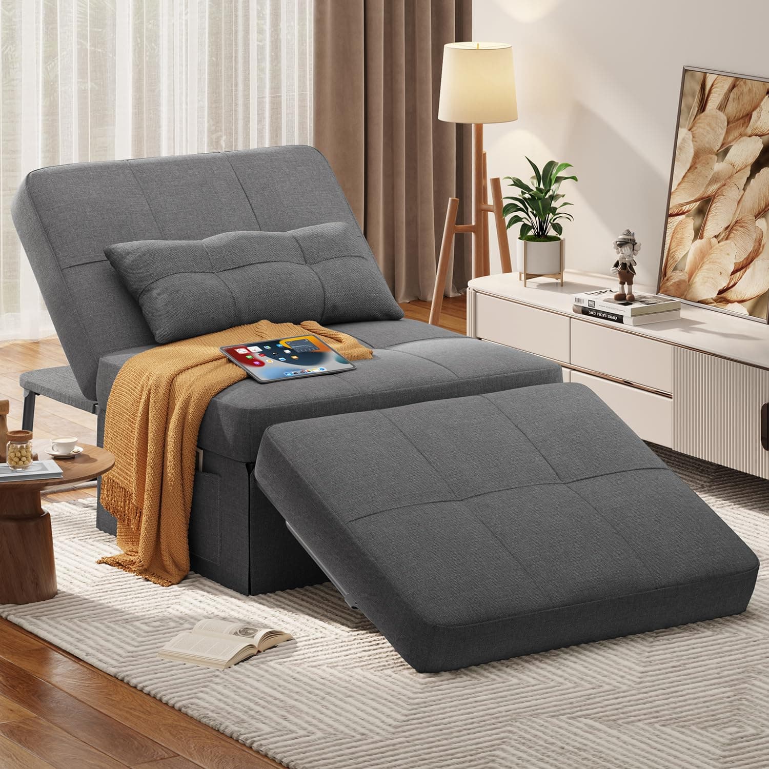 Aiho Sleeper Chair Bed 4 in 1 Sofa Bed, Assembly-Free Folding Ottoman with Adjustable Backrest and Pillow, Modern Breathable Linen Convertible Chair for Living Room Apartment Office, Dark Grey