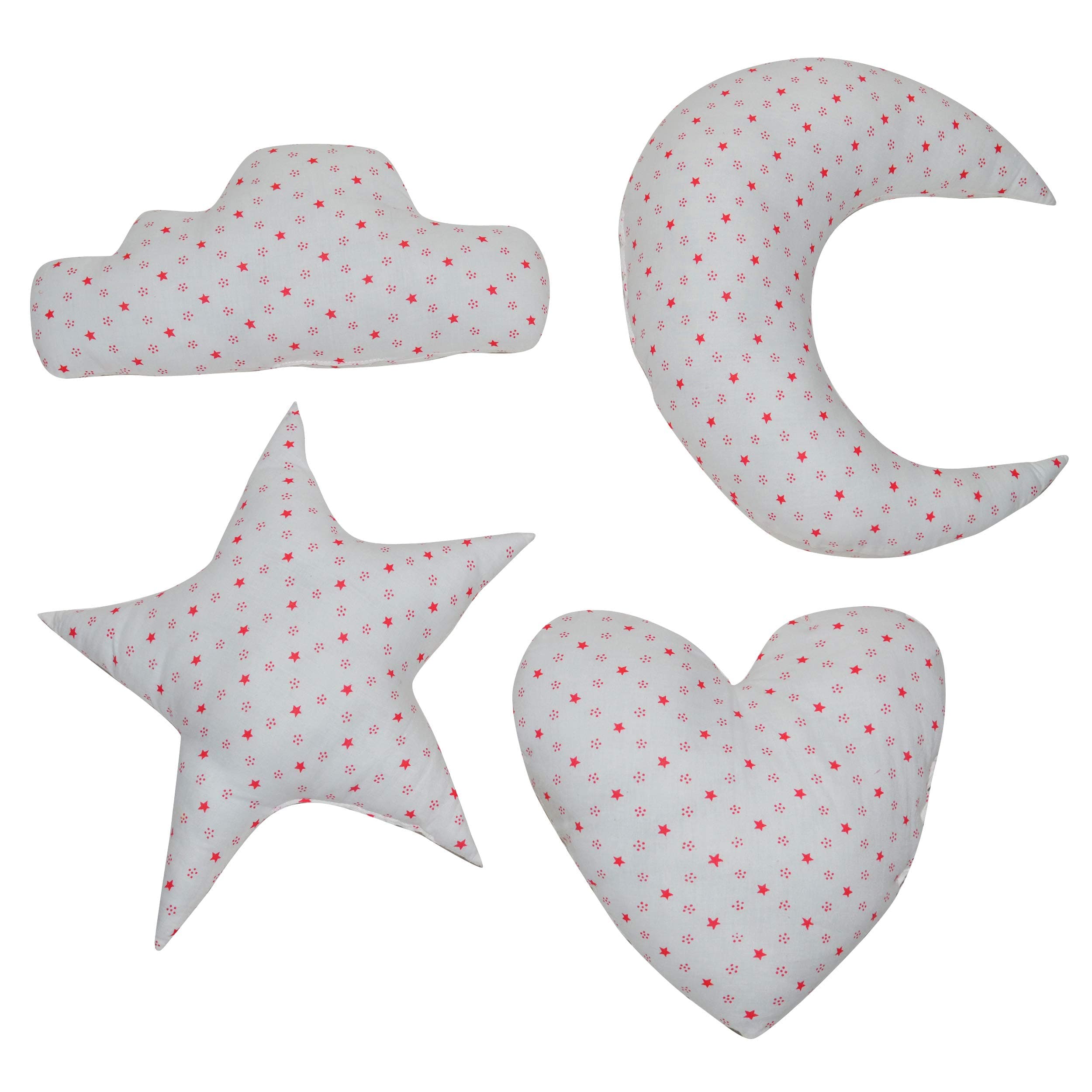 Creative Textiles Plush Cotton Shaped Cute Cloud, Moon, Star and Heart Soft Toy Pillow - Set of 4, White
