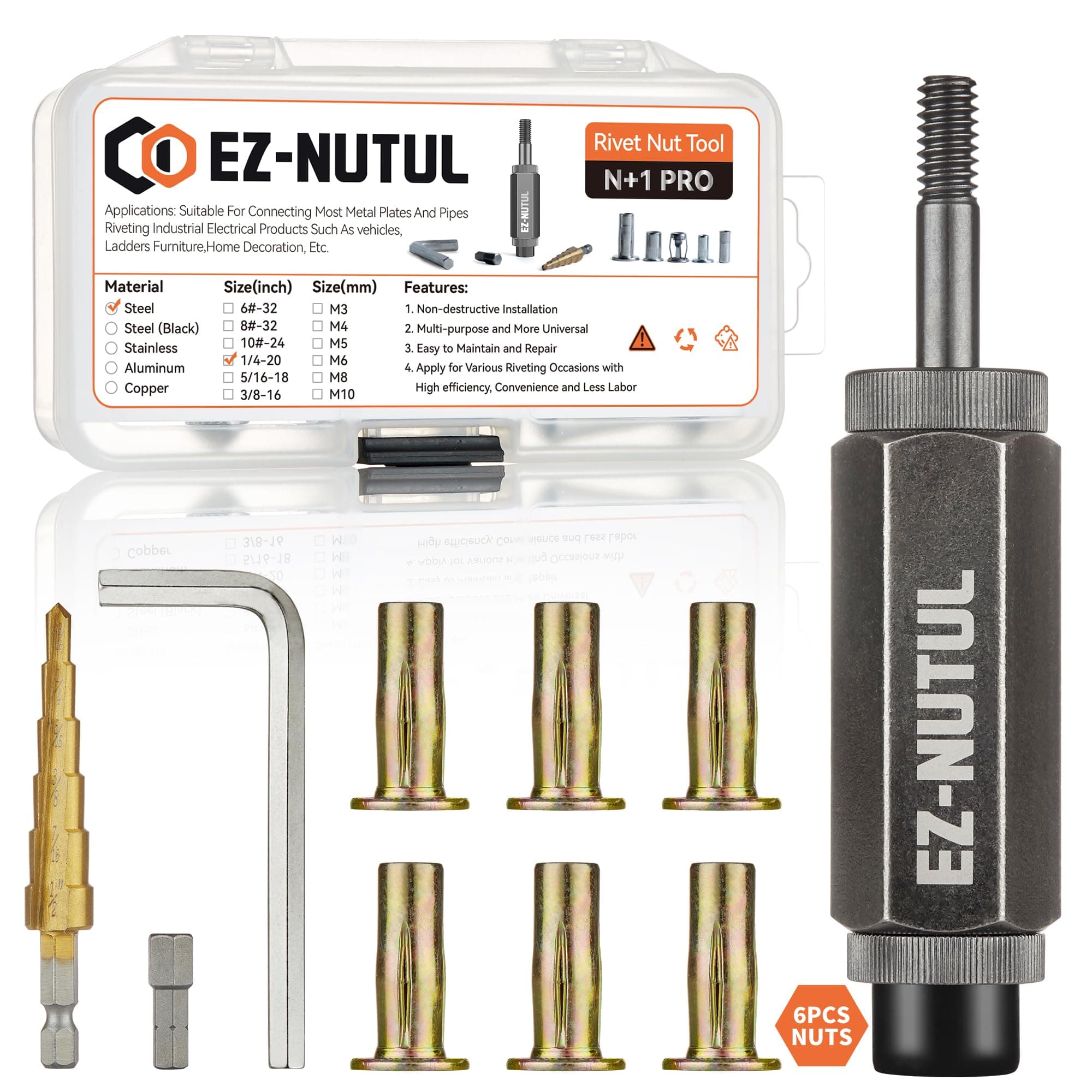 Multi-Grip Rivet Nut Installation Tool Set Pre-Bulbed Shank Flat Head Threaded Insert Nut Plus Nuts Assortment Kit Cross Rivnut for Construction Industrial (1/4-20(Plus Nut Tool-6pcs))