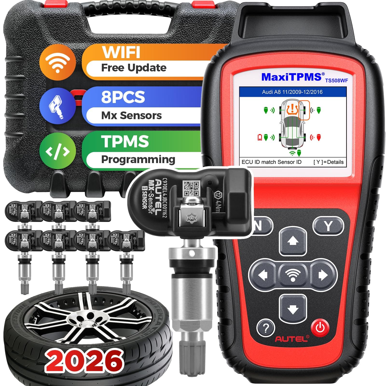 MaxiTPMS TS508WF Kit 2026, TPMS Programming Tool with 8PCS 315 433MHz Sensors (209$), WiFi Ver. of TS508 TS501 Pro TS408s, Relearn/Activate All TPMS Sensor, TPMS Reset, Lifetime Free Update
