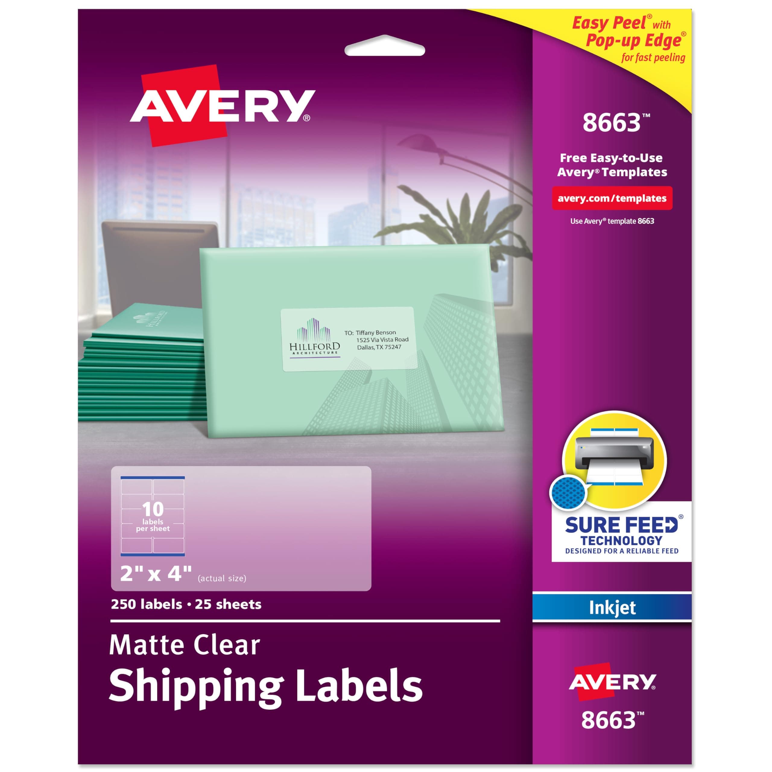 Avery Printable Shipping Labels with Sure Feed, 2" x 4" Customizable Stickers, Matte Clear, 250 Blank Mailing Labels, Great for Mailing, Shipping, and More (8663)