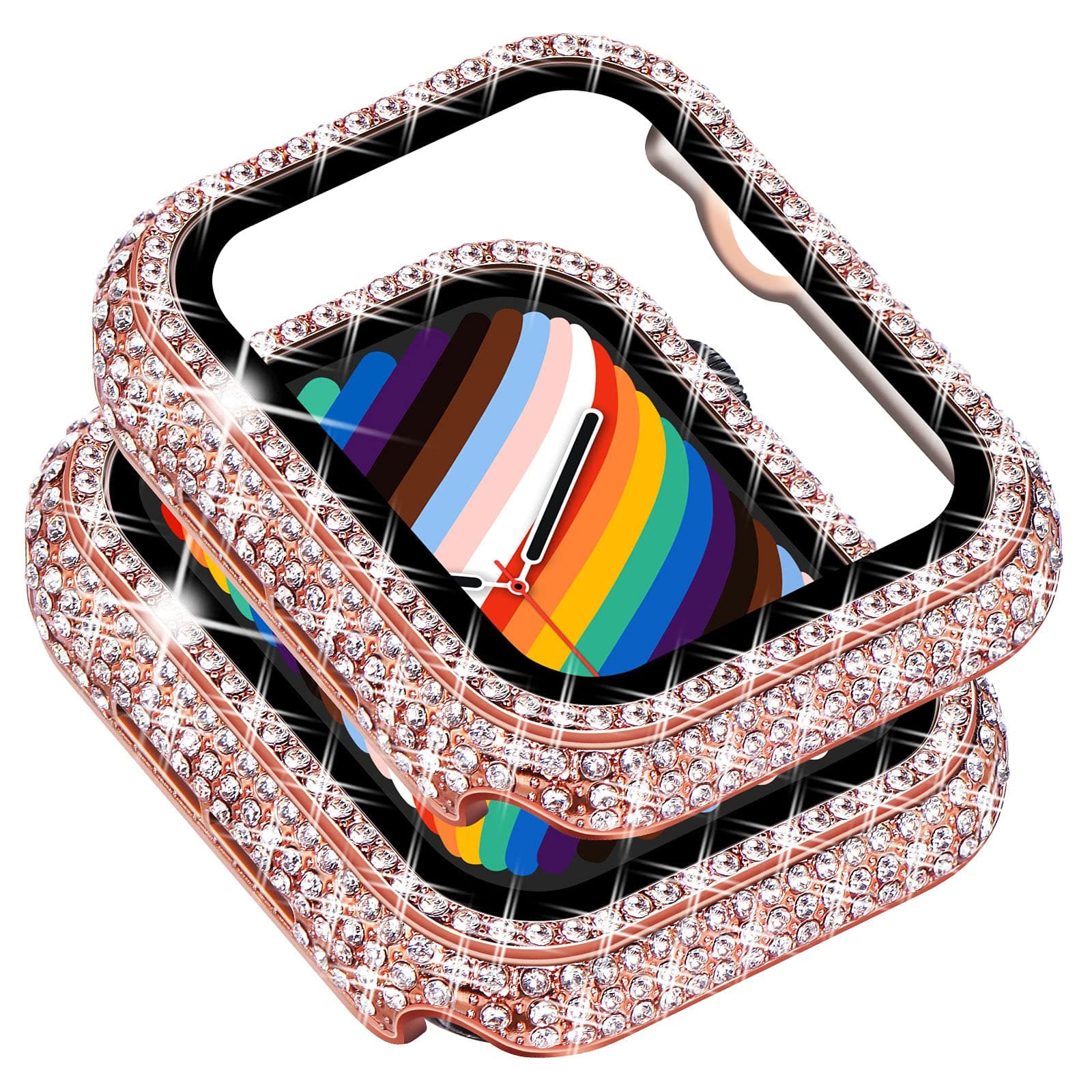 Surace Compatible with Apple Watch Case 38mm with Screen Protector for Apple Watch Series 6/5/4/3/2/1, Bling Case 300 Crystal Diamond Tempered Glass Protective Cover for 38mm 40mm 42mm 44mm, Rose Gold